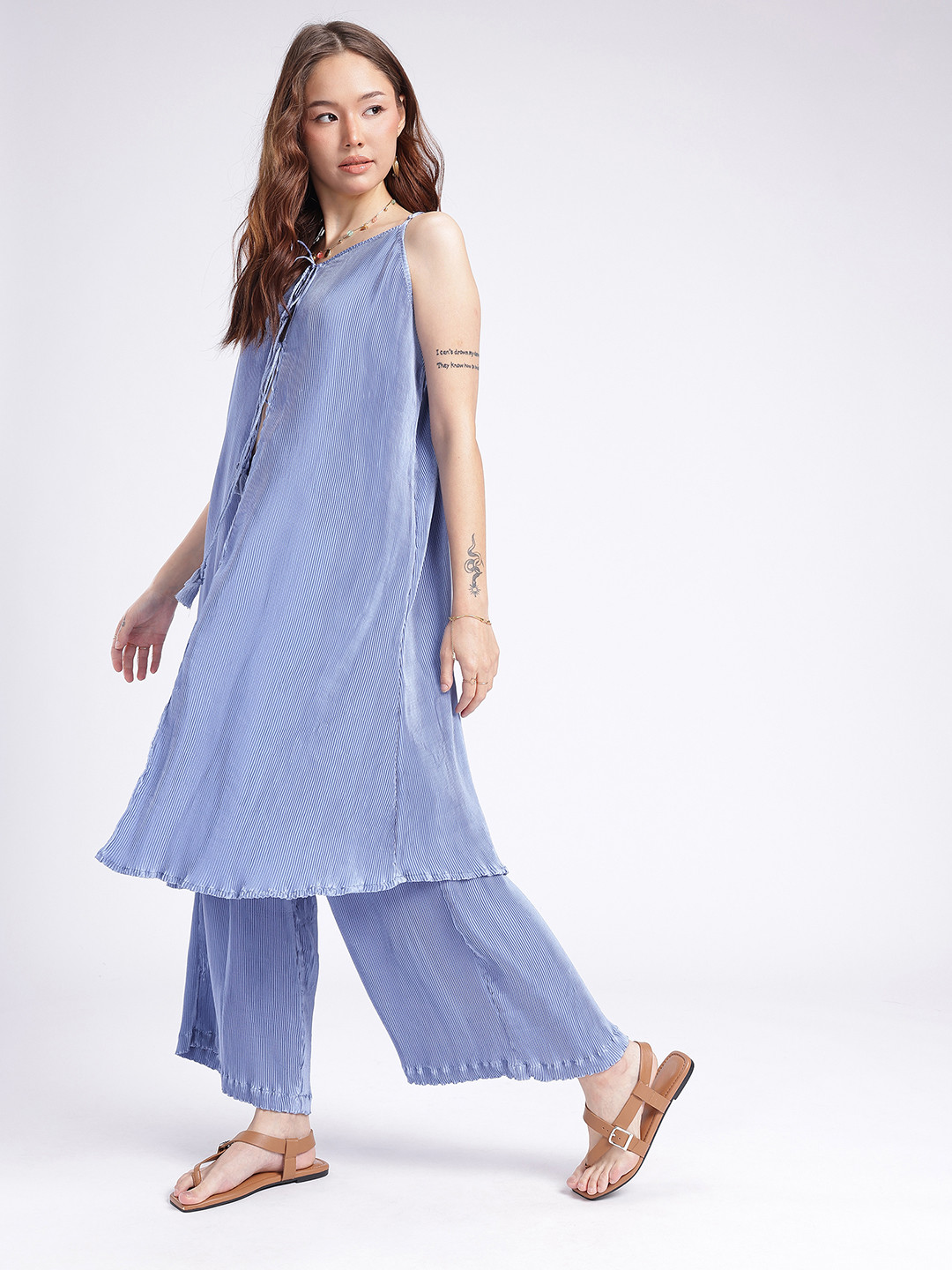 Accordion Pleated Tie-Ups Tunic with Trousers Co-Ords