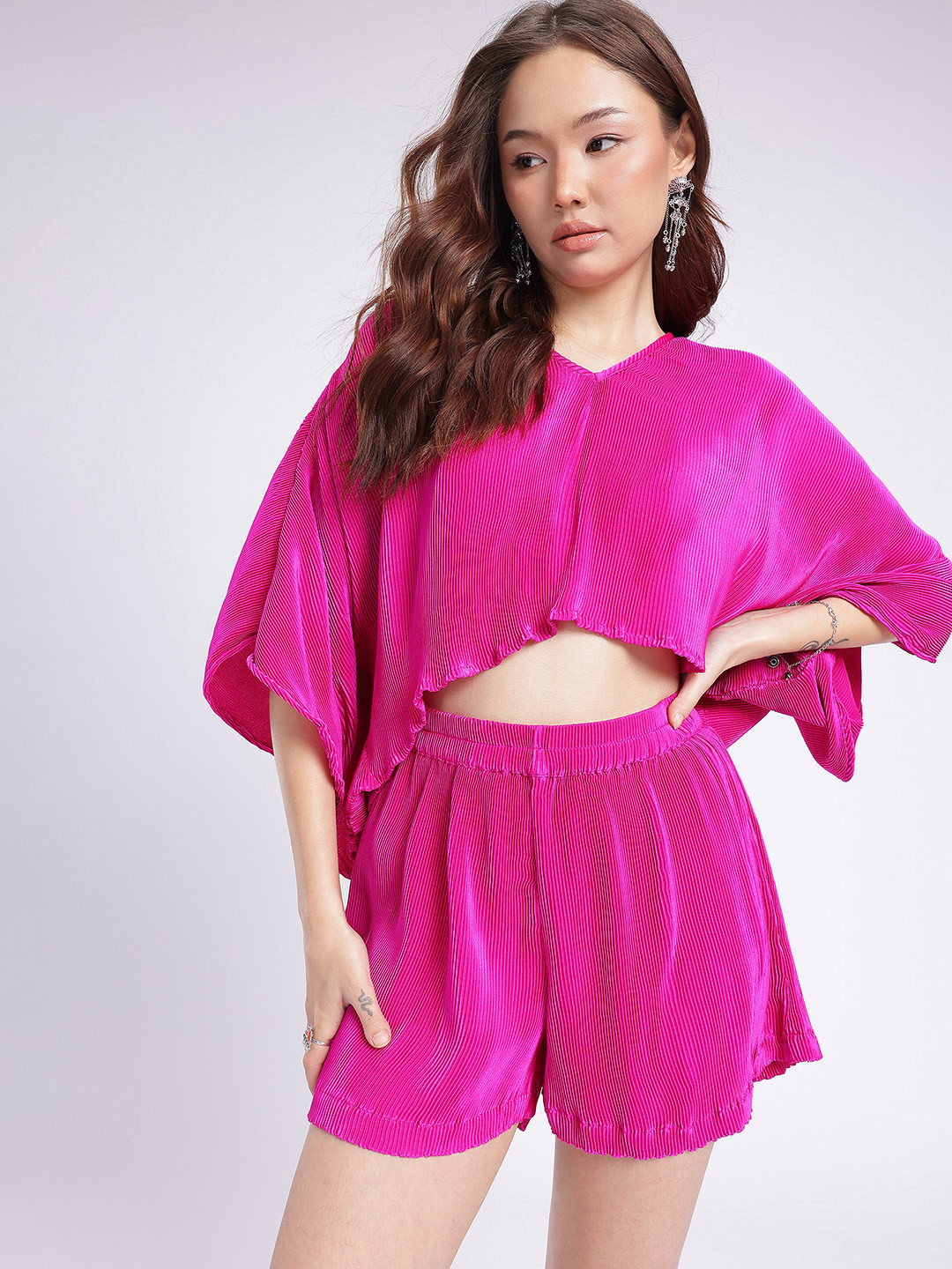 glitchez Accordion Pleated Kimono Sleeves Crop Top With Shorts Co-Ords