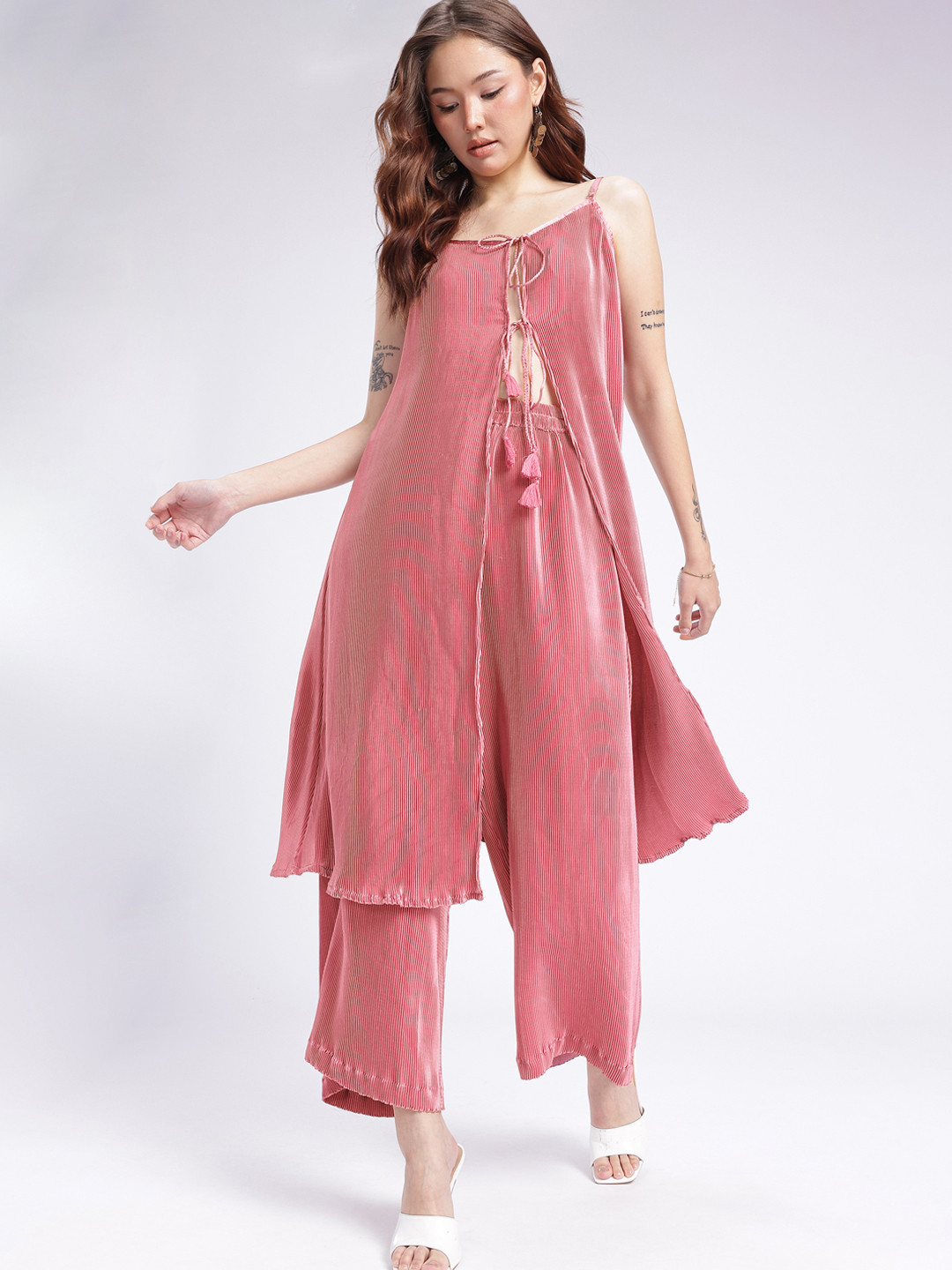 Rose Pink Accordion Pleated Co-Ords with Tie-Ups