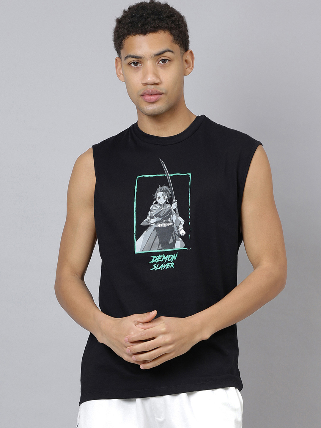 Free Authority Mens Demon Slayer Anime Graphic Printed Regular Fit Cotton Muscle-T