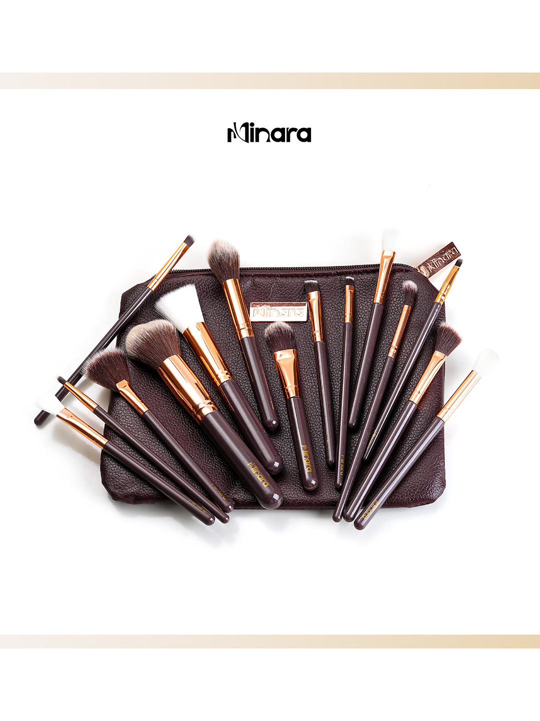 MINARA Set Of 15 Makeup Brush Set With Easy To Carry Pouch- Brown