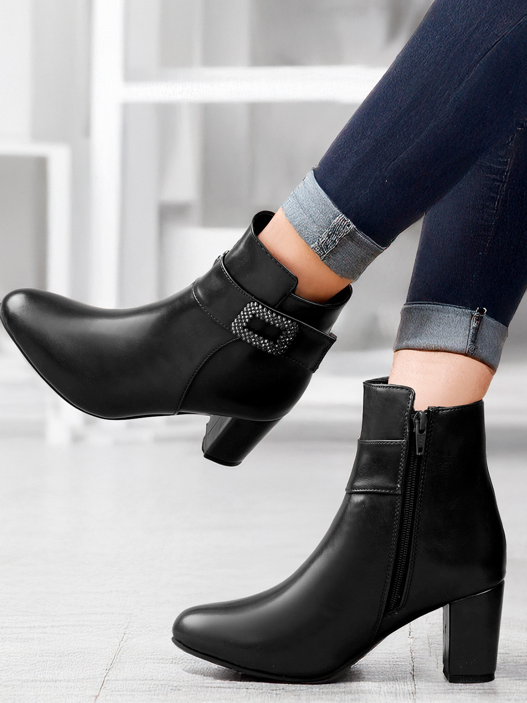 Bxxy Women High-Ankle Zipper Boots with Decorative Buckle