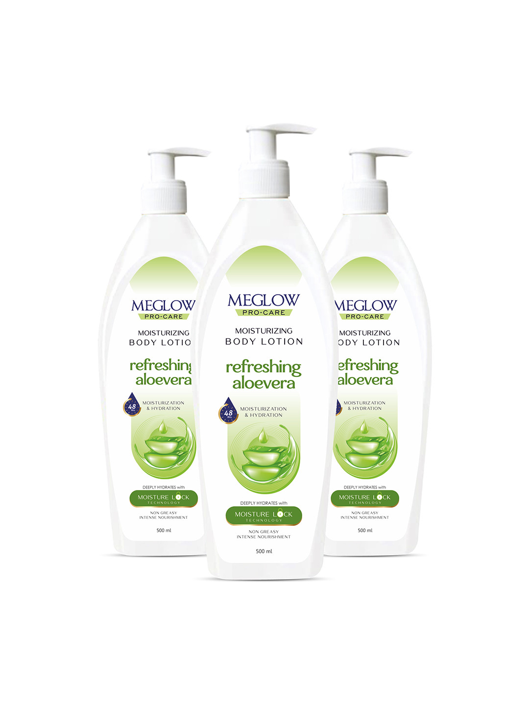 MEGLOW Set Of 3 Refreshing Aloevera Hydrating & Moisturizing Body Lotion - 500 ml Each