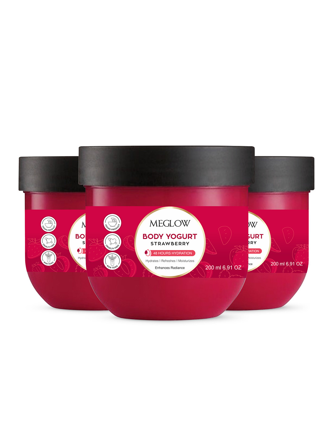 MEGLOW Set Of 3 Strawberry Yogurt 48Hrs Hydrating & Moisturizing Body Cream - 200 ml Each