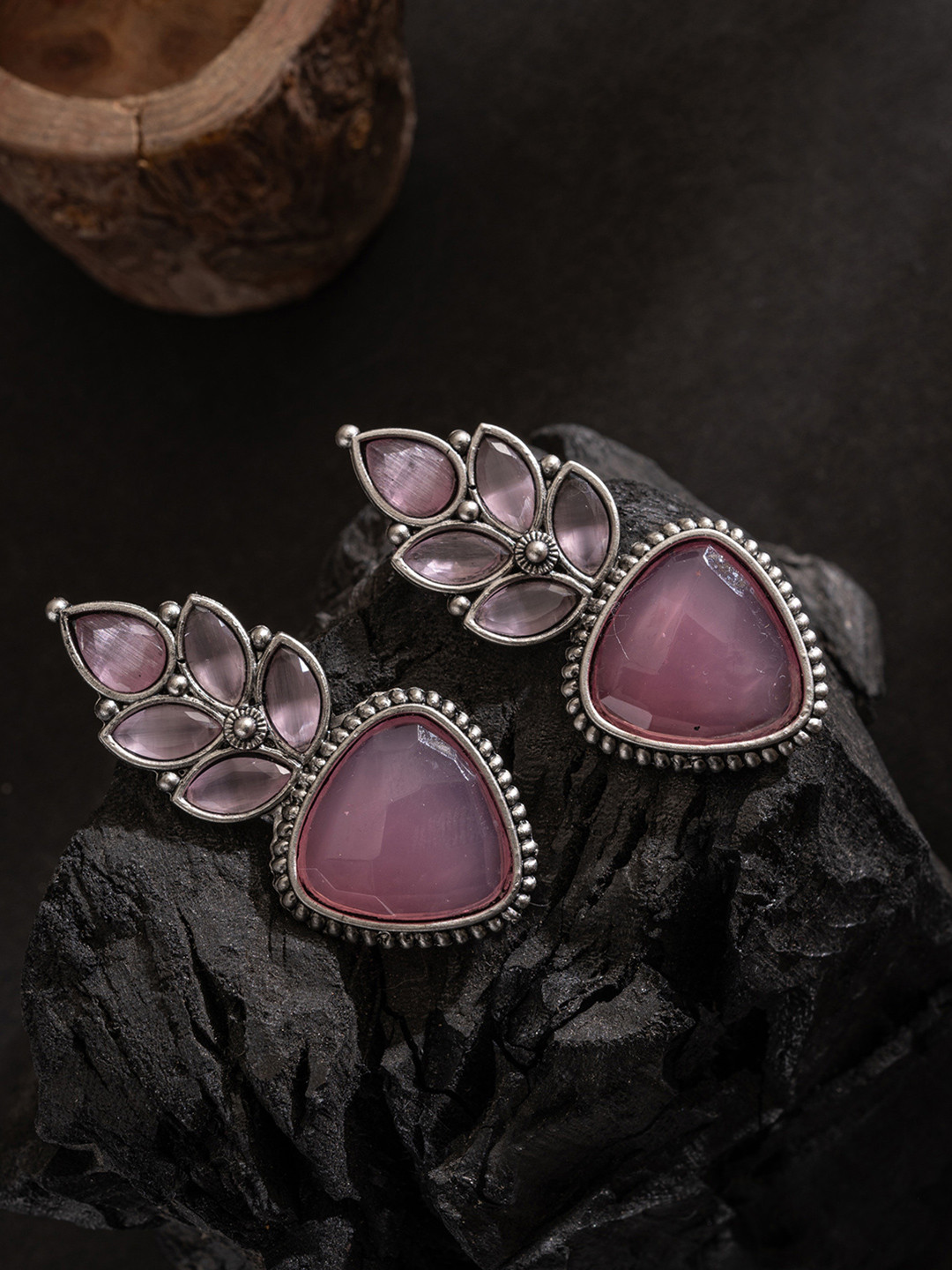 PANASH Silver-Plated Artifical Stones Studded Geometric Shaped Oxidised Drop Earrings