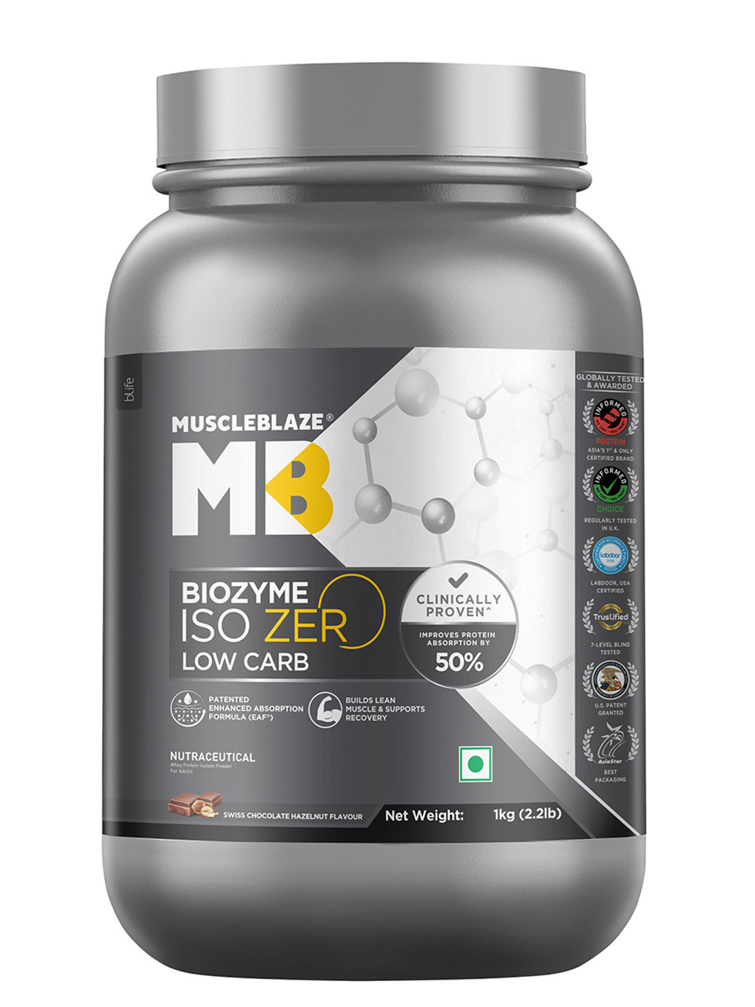 MuscleBlaze Biozyme Iso-Zero,26.4g Isolate Whey Protein - 1 Kg - Swiss Chocolate Hazelnut