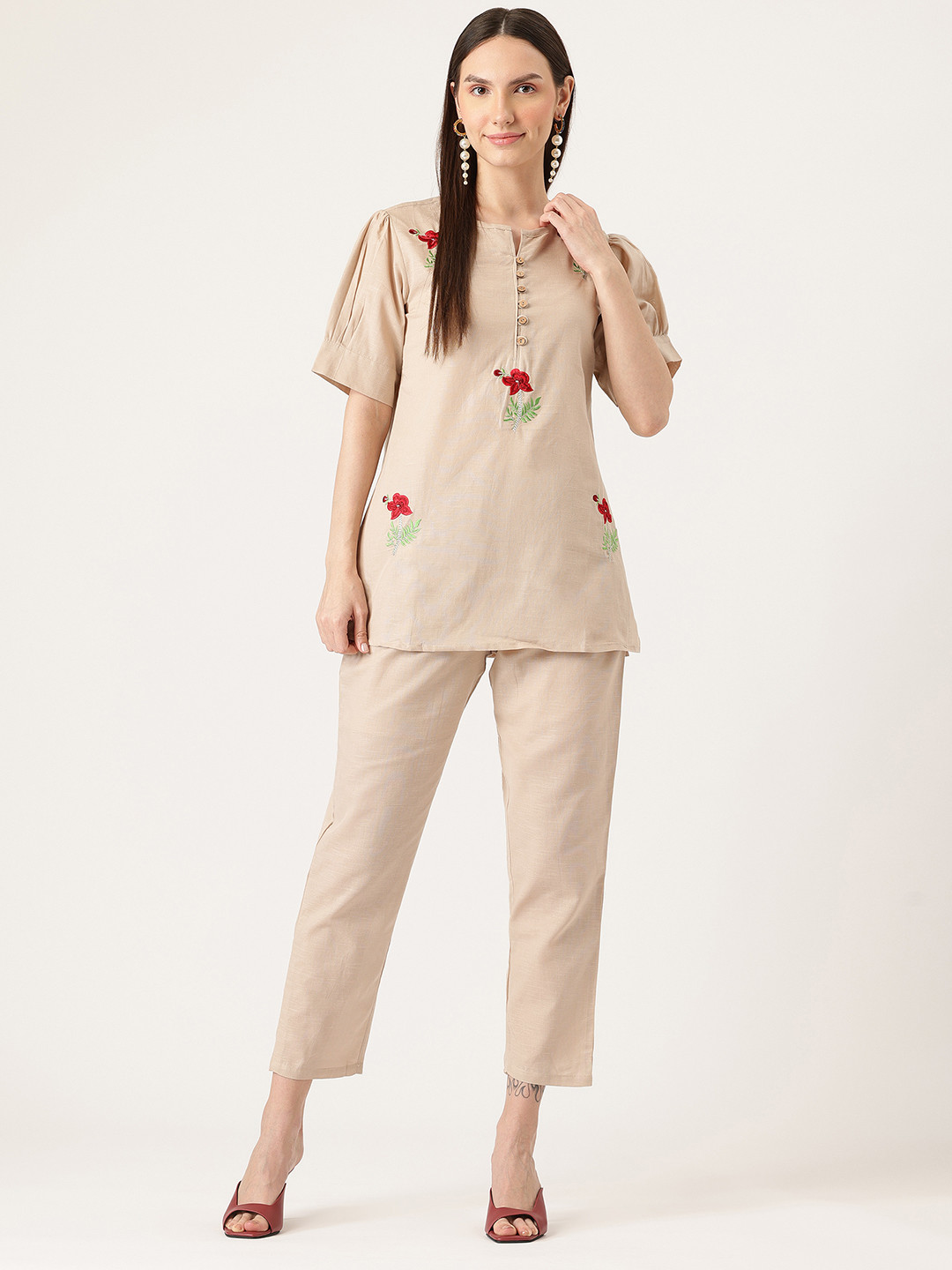 FERANOID Embroidered Linen Top & Trousers Co-Ord Set