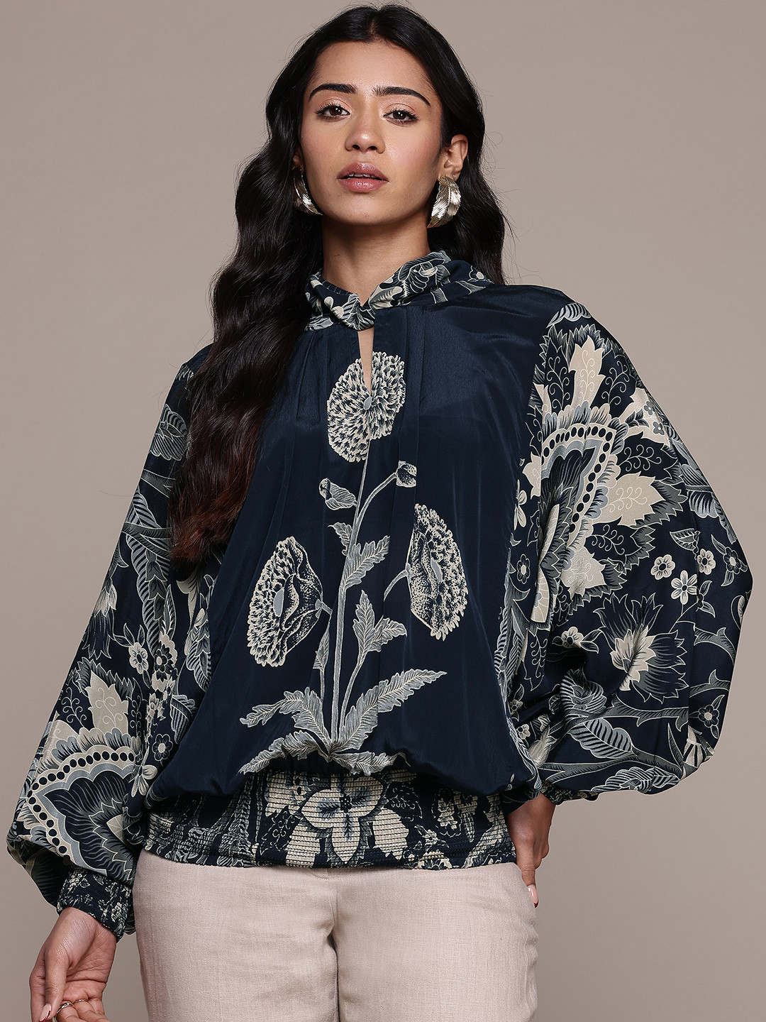 Ritu Kumar Floral Printed Twist Keyhole Neck Batwing Sleeve Blouson Top