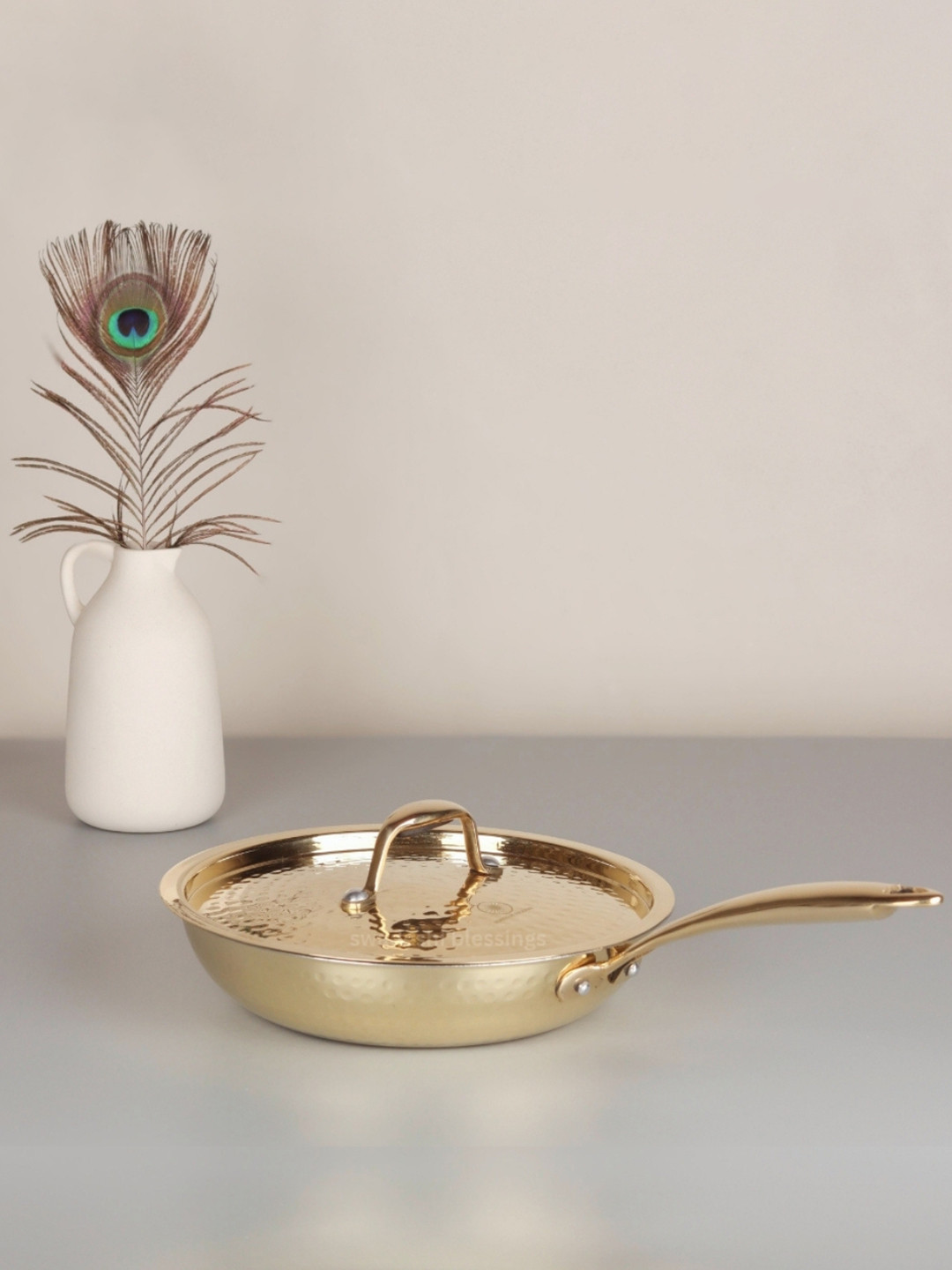 Swadeshi Blessings Golden Brass Fry Pan with Lid