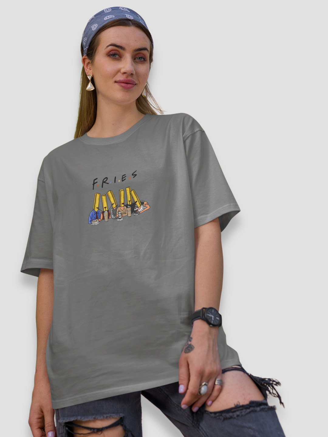 TheBTclub Women Fries Activchill Graphic Printed Round Neck Cotton Oversized T-shirt