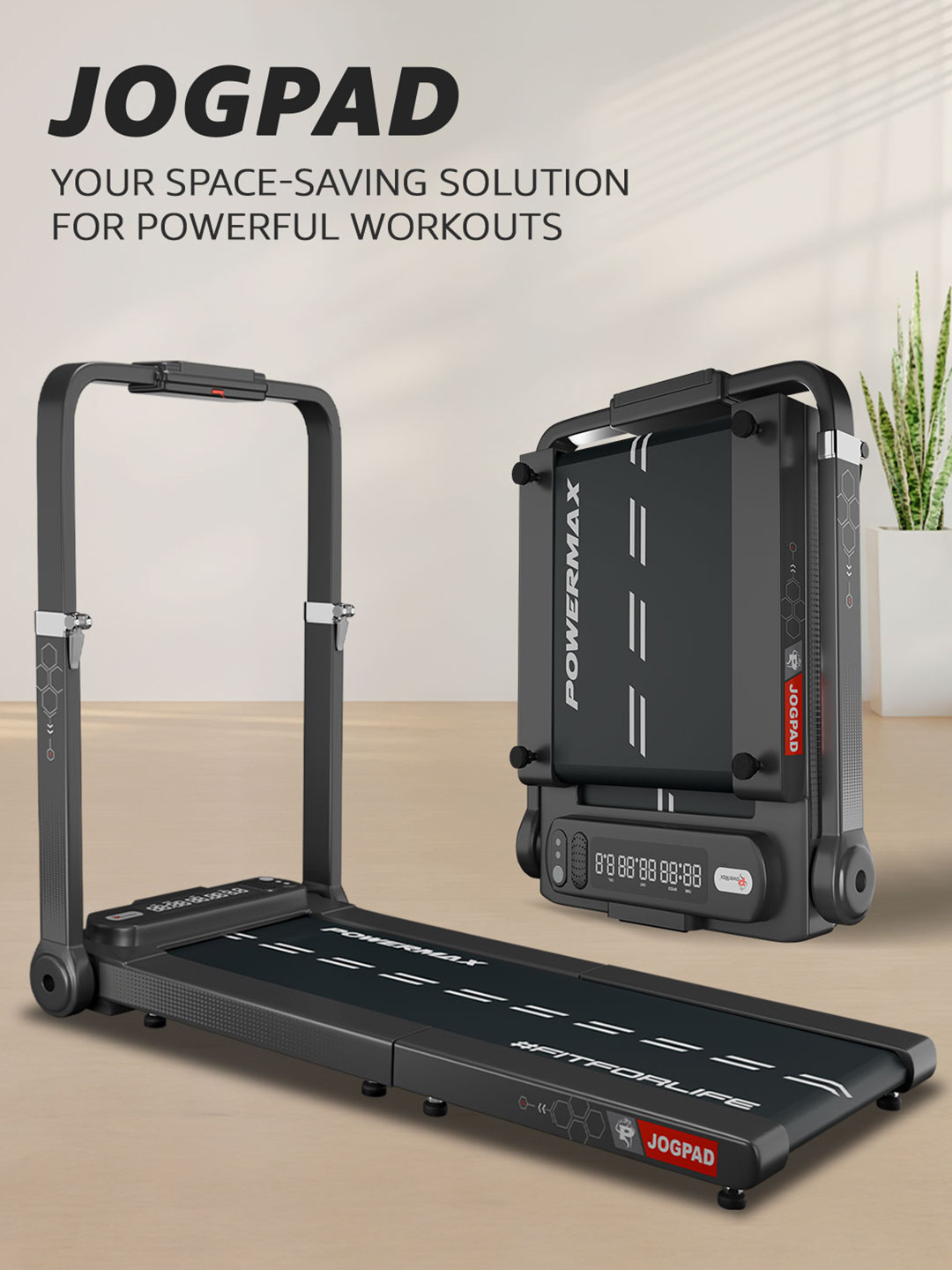 PowerMax Fitness JOGPAD Motorised Foldable 4HP Peak DC Motor Treadmill With Remote Control