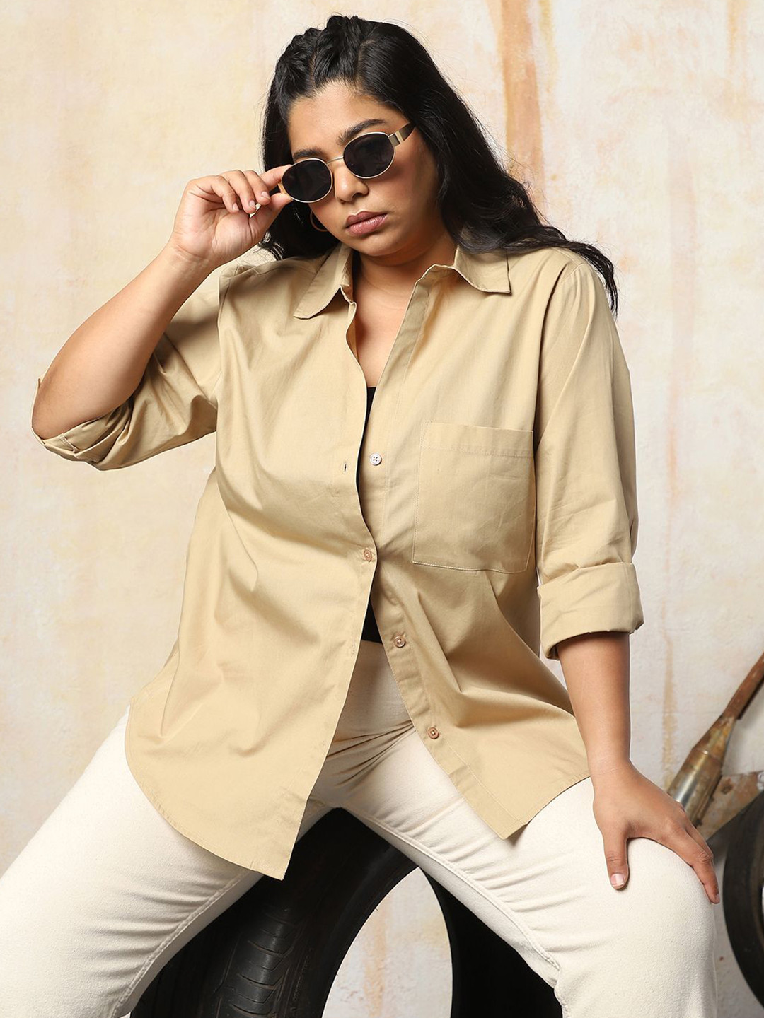 Freeform by High Star Women Oversized Fit Opaque Casual Cotton Shirt