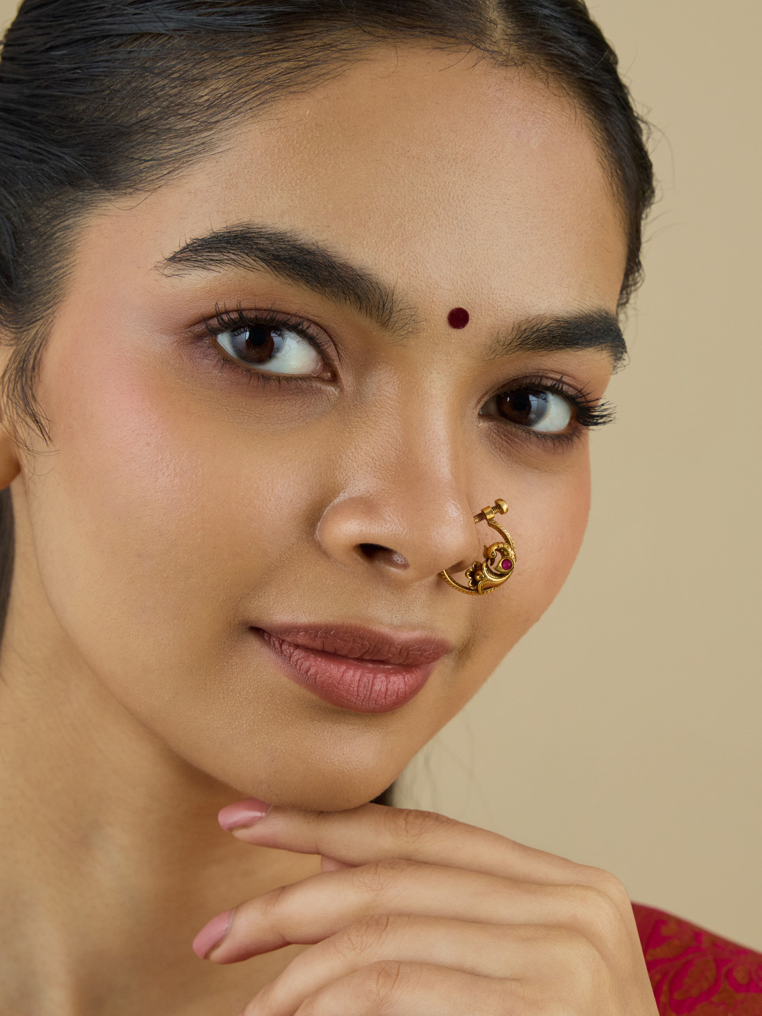 Kushal's Fashion Jewellery Gold-Plated Cubic Zirconia Studded Ring Antique Nath Nosepin