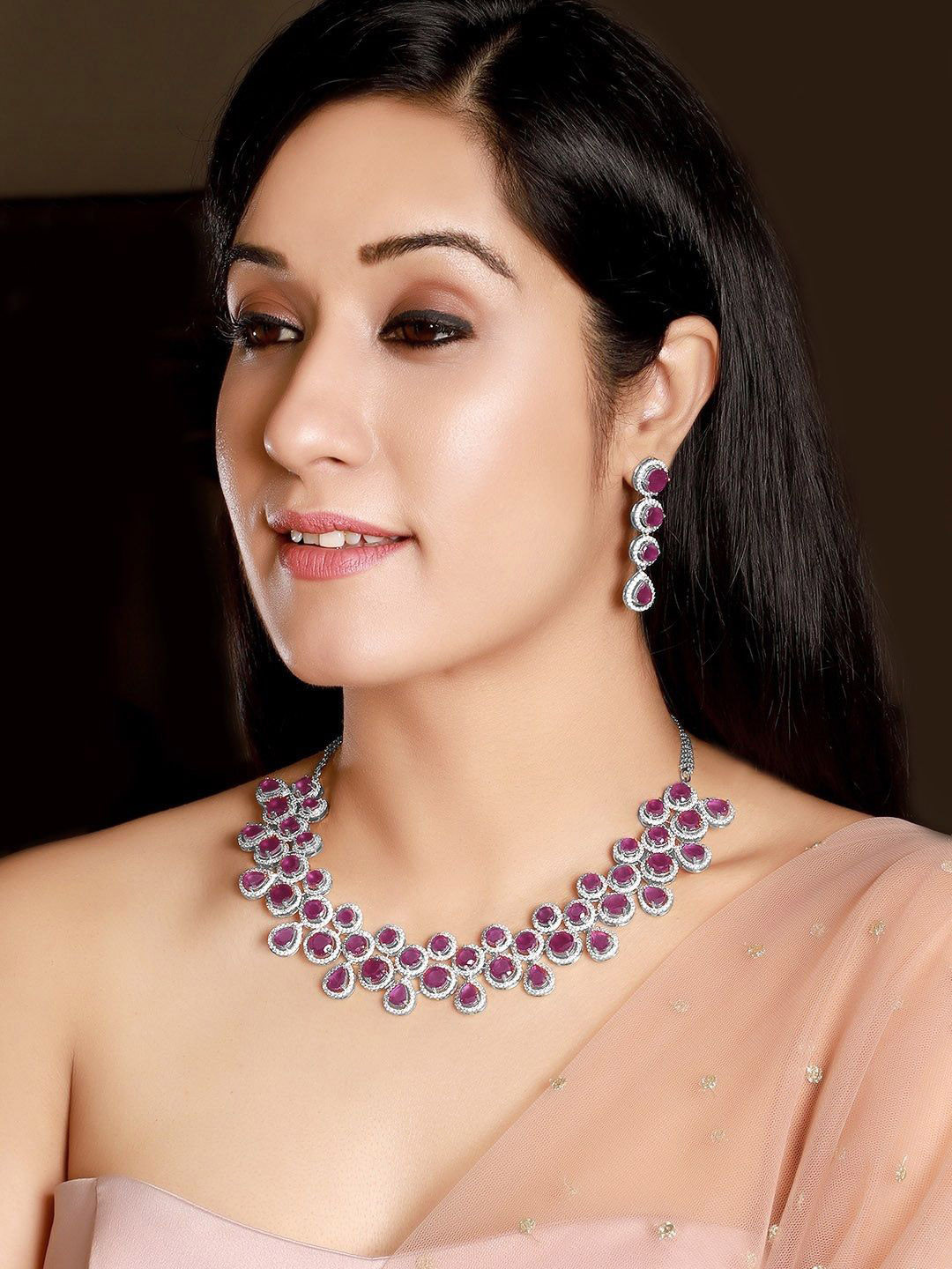 Rubans Rhodium-Plated Ruby & Cubic Zirconia Studded Statement Necklace & Earrings Set