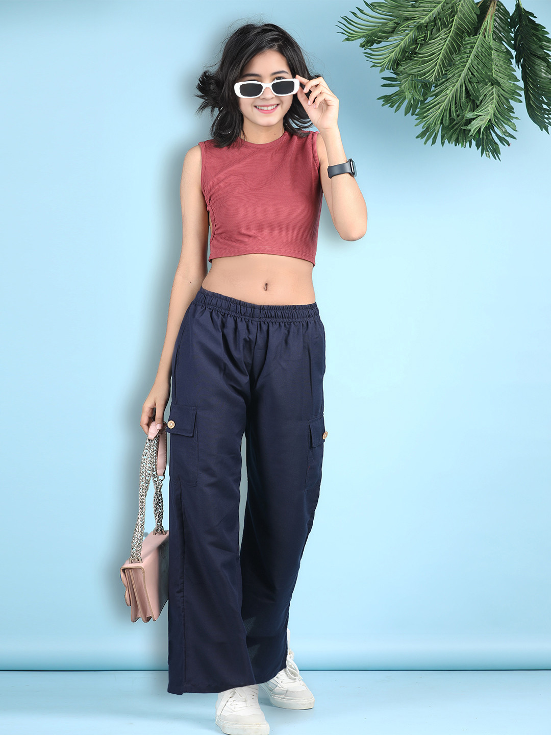 Cutiekins Girls Round Neck Crop Top With Cargo Trousers