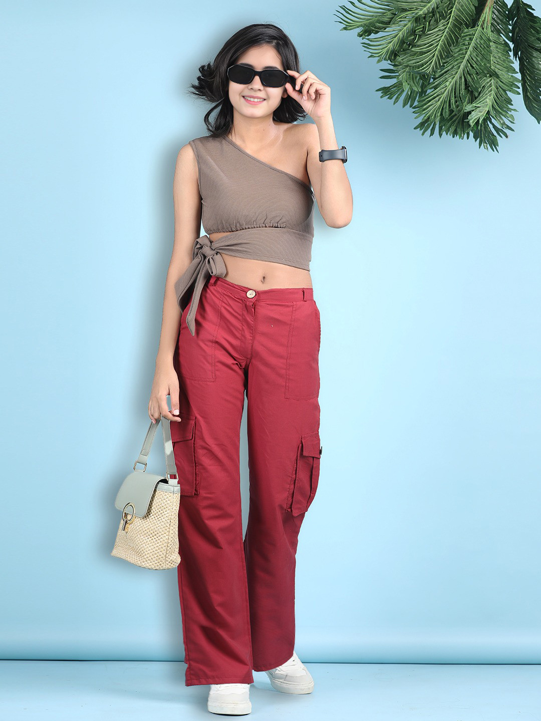 Cutiekins Girls One Shoulder Crop Top With Cargo Trousers