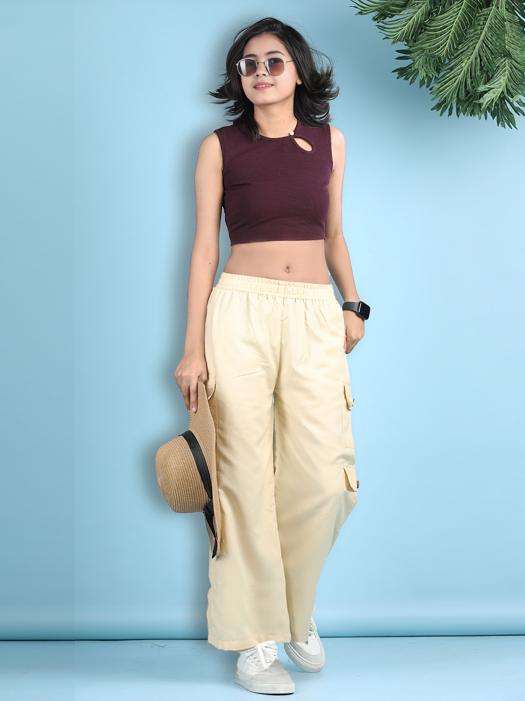 Cutiekins Girls Keyhole Neck Crop Top With Cargo Trousers