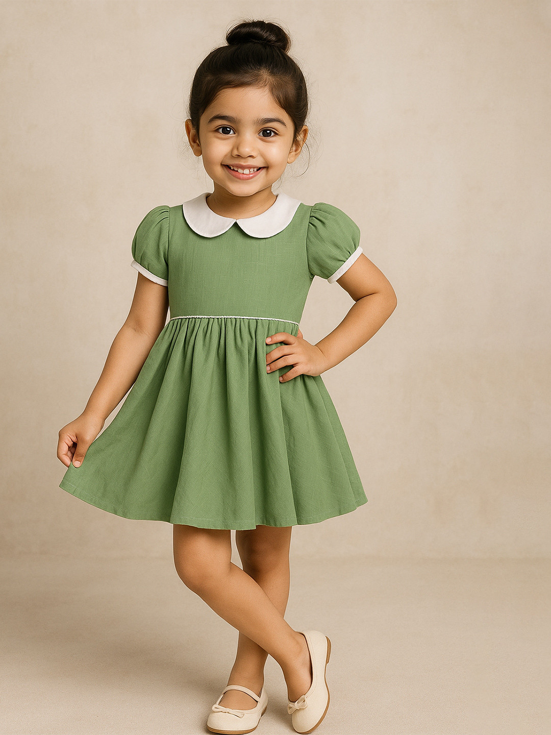 EARTHY TWEENS Girls Pure Cotton Slub Pishta Green Dress