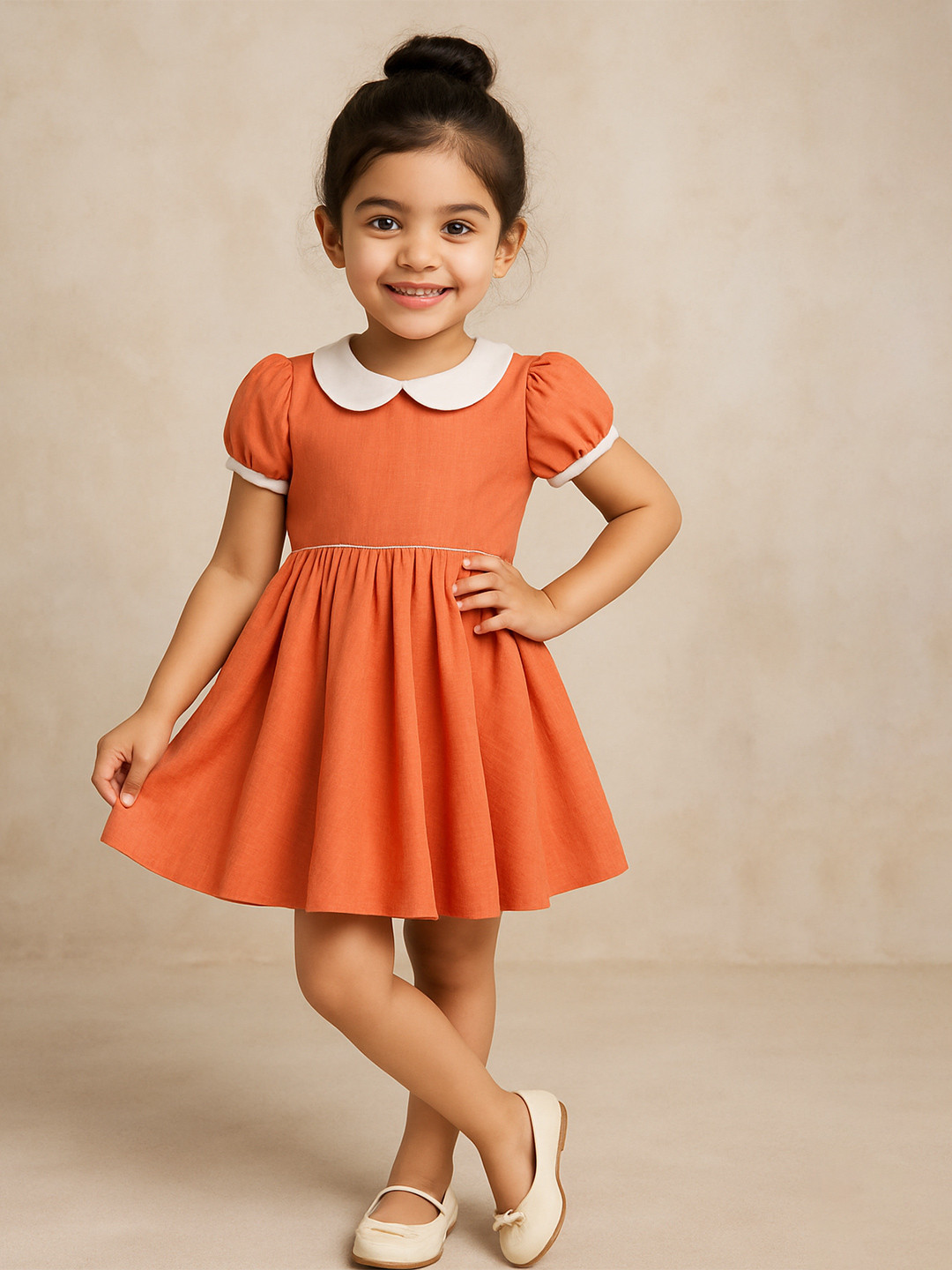 EARTHY TWEENS Girls Pure Cotton Slub Tangarine A-Line Dress