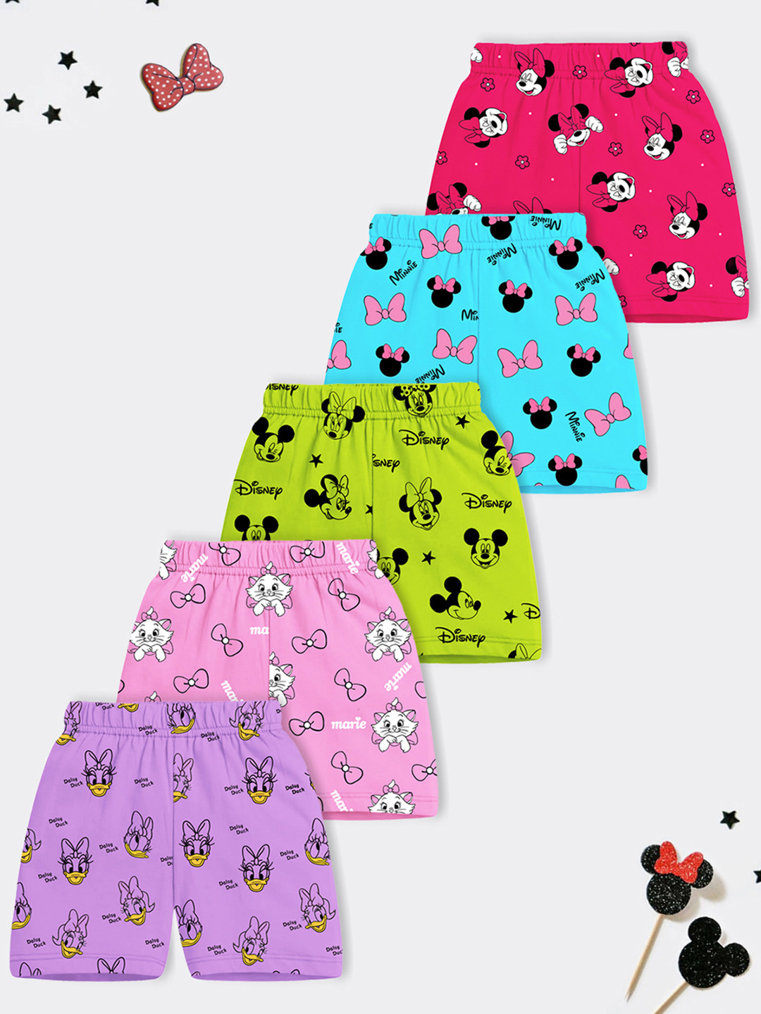 YK Disney Girls Pack Of 5 Graphic Printed Regular Fit Mid-Rise Minnie & Daisy Shorts
