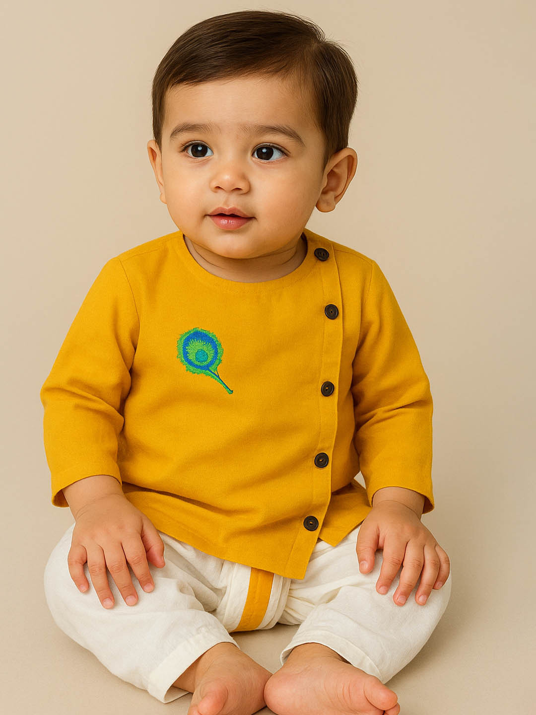 EARTHY TWEENS Boys Peacock Bliss Ochre Thread Work Pure Cotton Kurta With Dhoti Pants