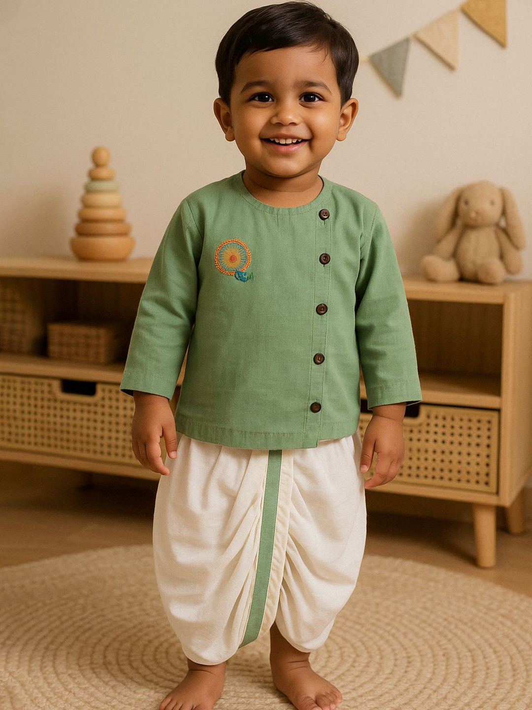EARTHY TWEENS Boys Peacock Embroidered Thread Work Pure Cotton Kurta With Dhoti Pants