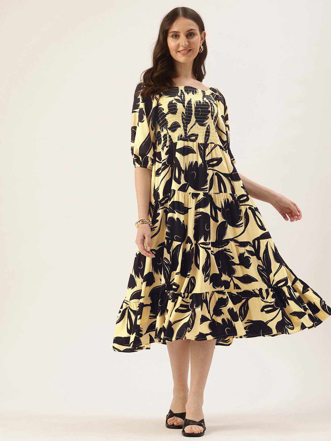 AMUKTI Floral Printed Smocked Tiered Dress