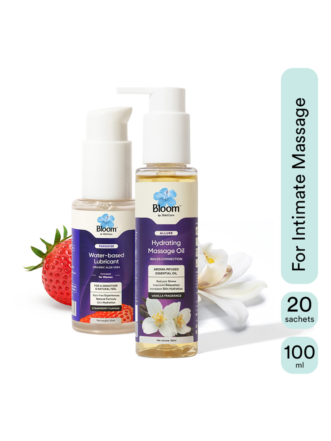 Bloom Set Of 2 Water-Based Lubricant- 20 Sachets & Hydrating Massage Oil- 100 ml