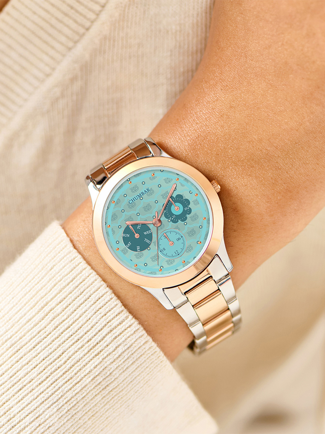Chumbak Women Ocean Owl Monogram Metal Watch Steel & Rosegold strap with Teal Dial