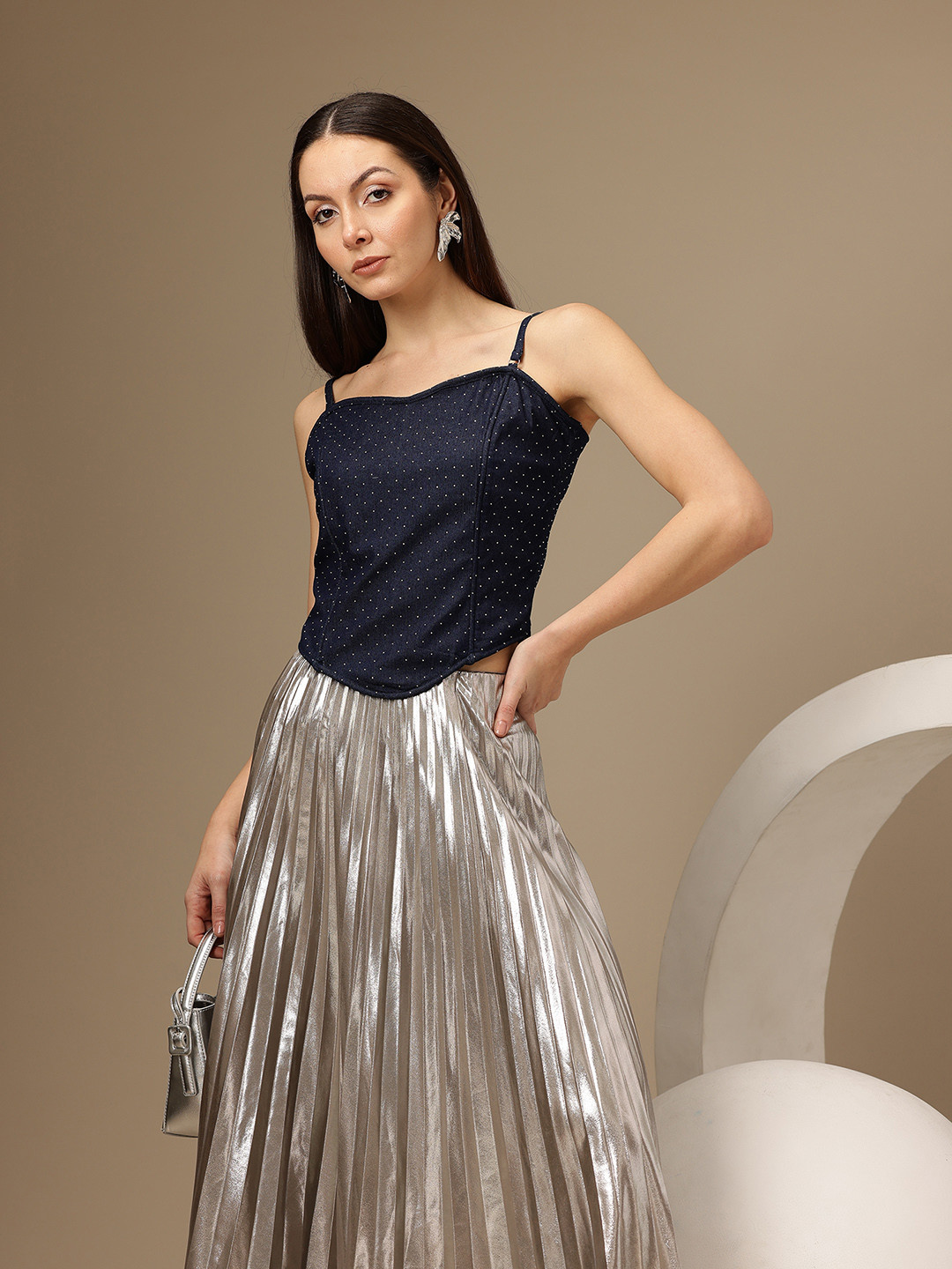 Chemistry Sweetheart Neck Pure Cotton Denim Corset Top with Stone Details