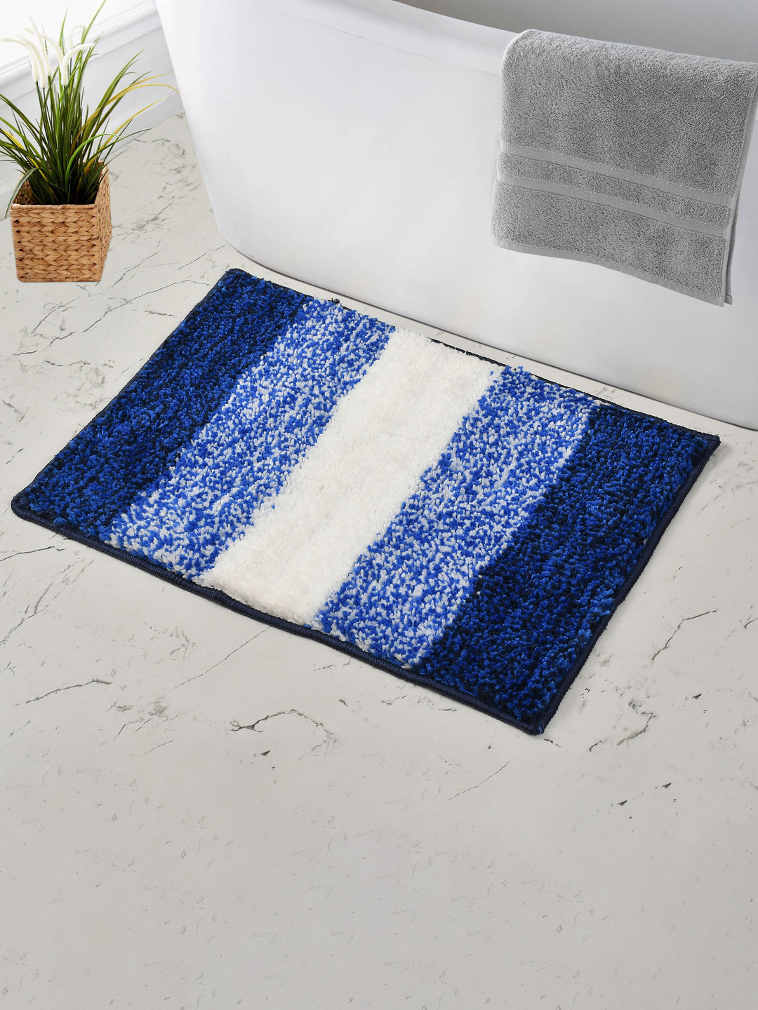 MAA HOME CONCEPT Navy Blue & White Striped Microfiber Anti Skid 1600 GSMBathMat
