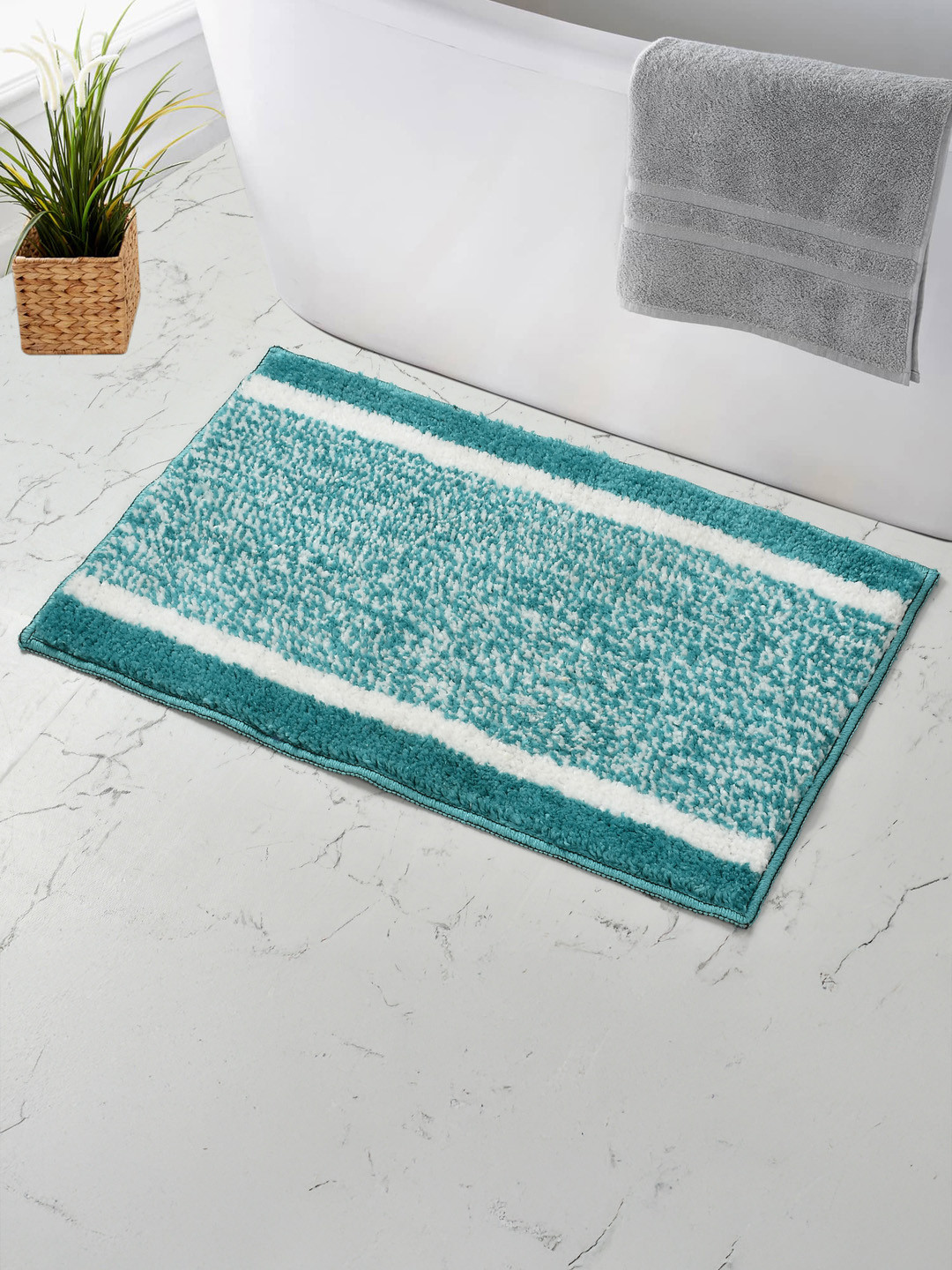 MAA HOME CONCEPT Turquoise Blue & White Textured Microfiber Anti Skid 1600 GSMBathMat