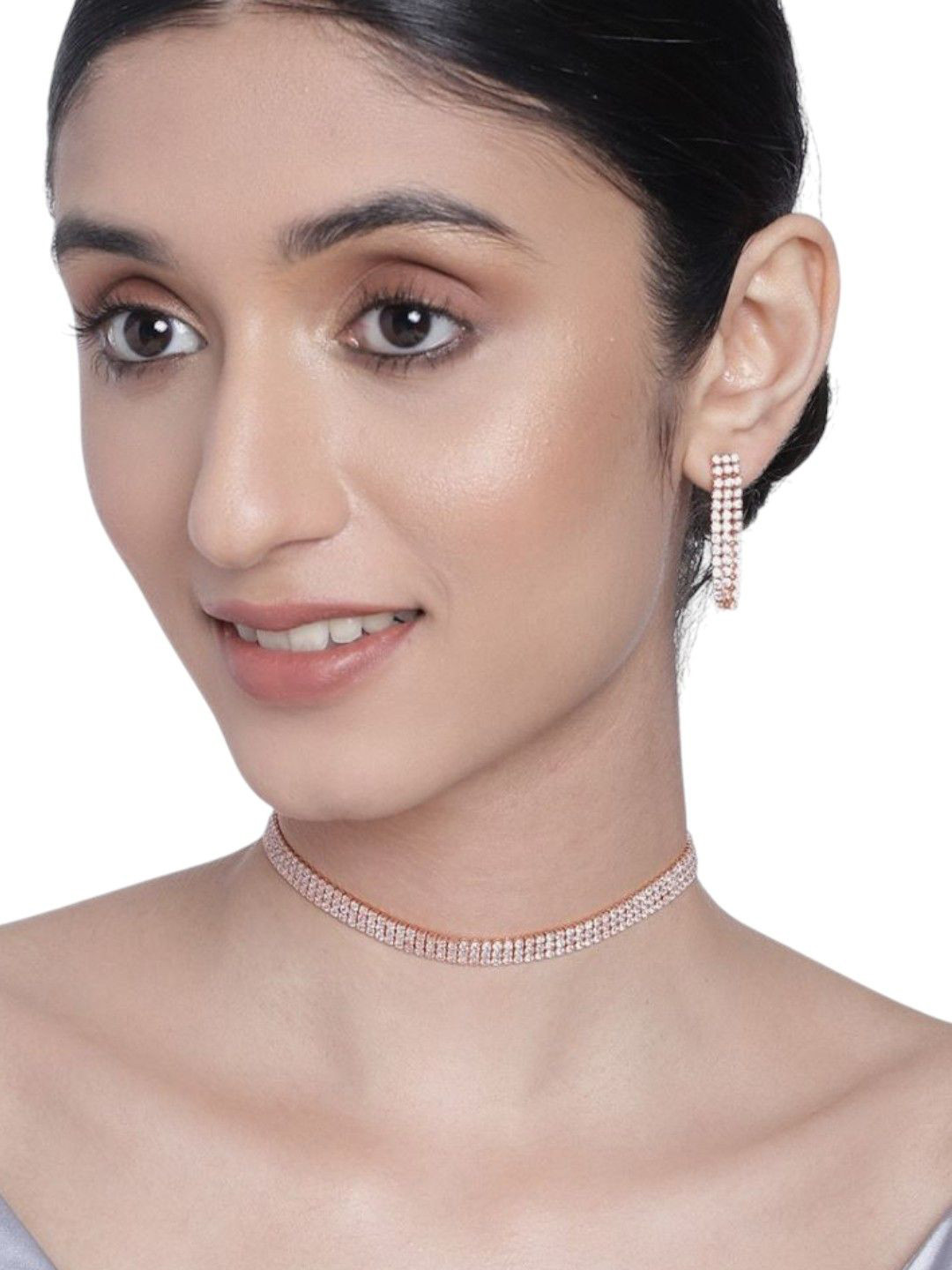 House of Pataudi Rose-Gold Plated American Diamond-Studded Jewellery Set
