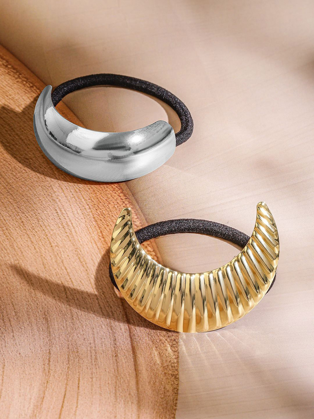 Rubans Set Of 2 18K Gold & Rhodium Plated Crescent & Sculpted Wave Design Hair Ties