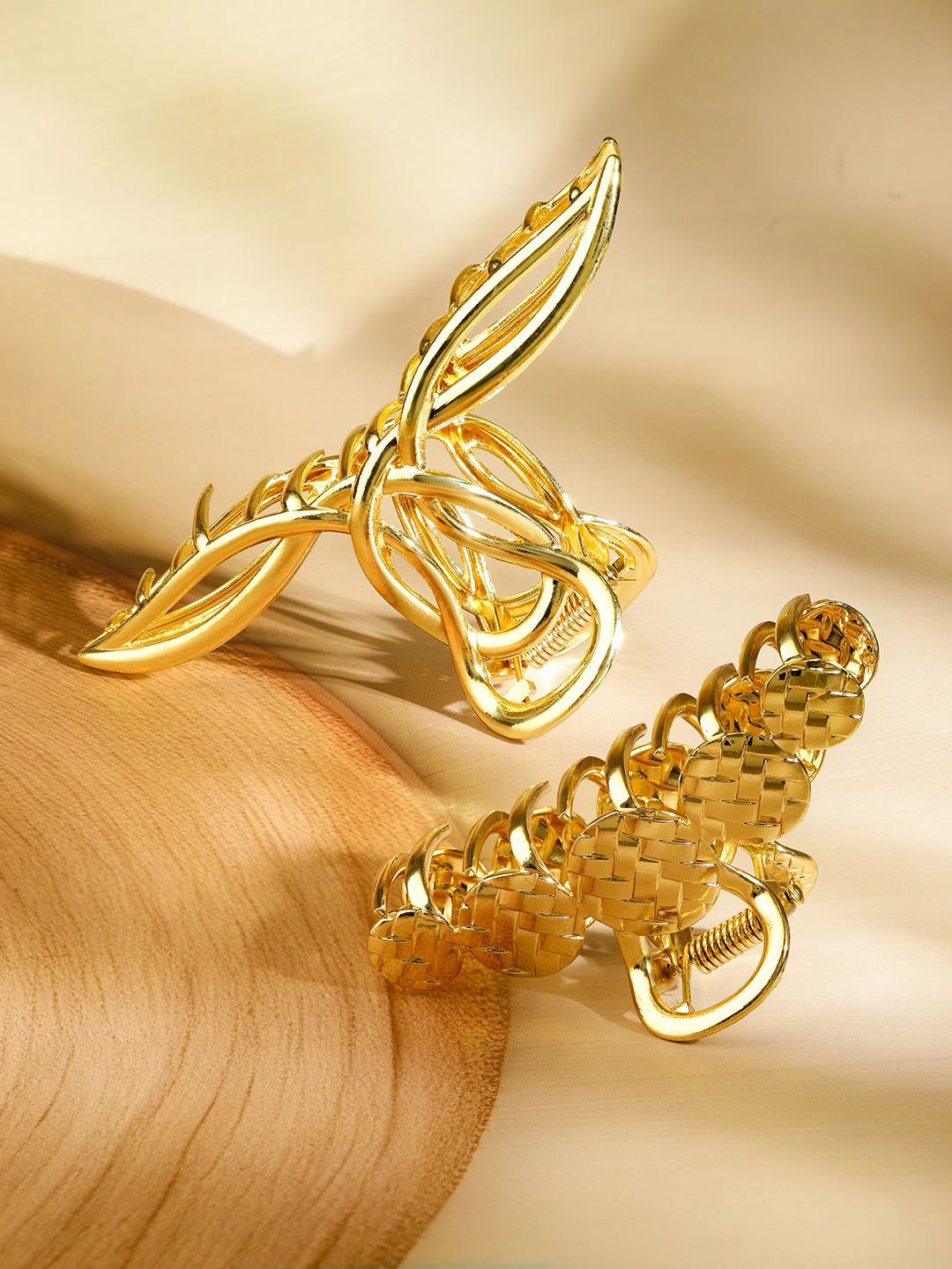 Rubans Set Of 2 18K Gold Plated Hair Claw Clip - Leaf & Braided Statement Hair Accessories