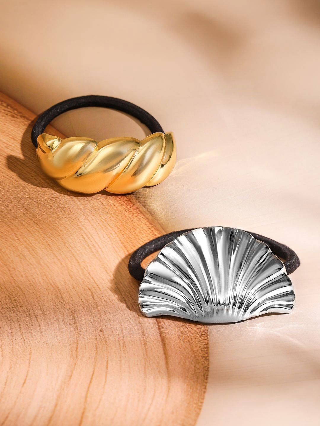 Rubans Set Of 2 18K Gold & Rhodium Plated Sculpted Twisted & Shell Design Hair Ties