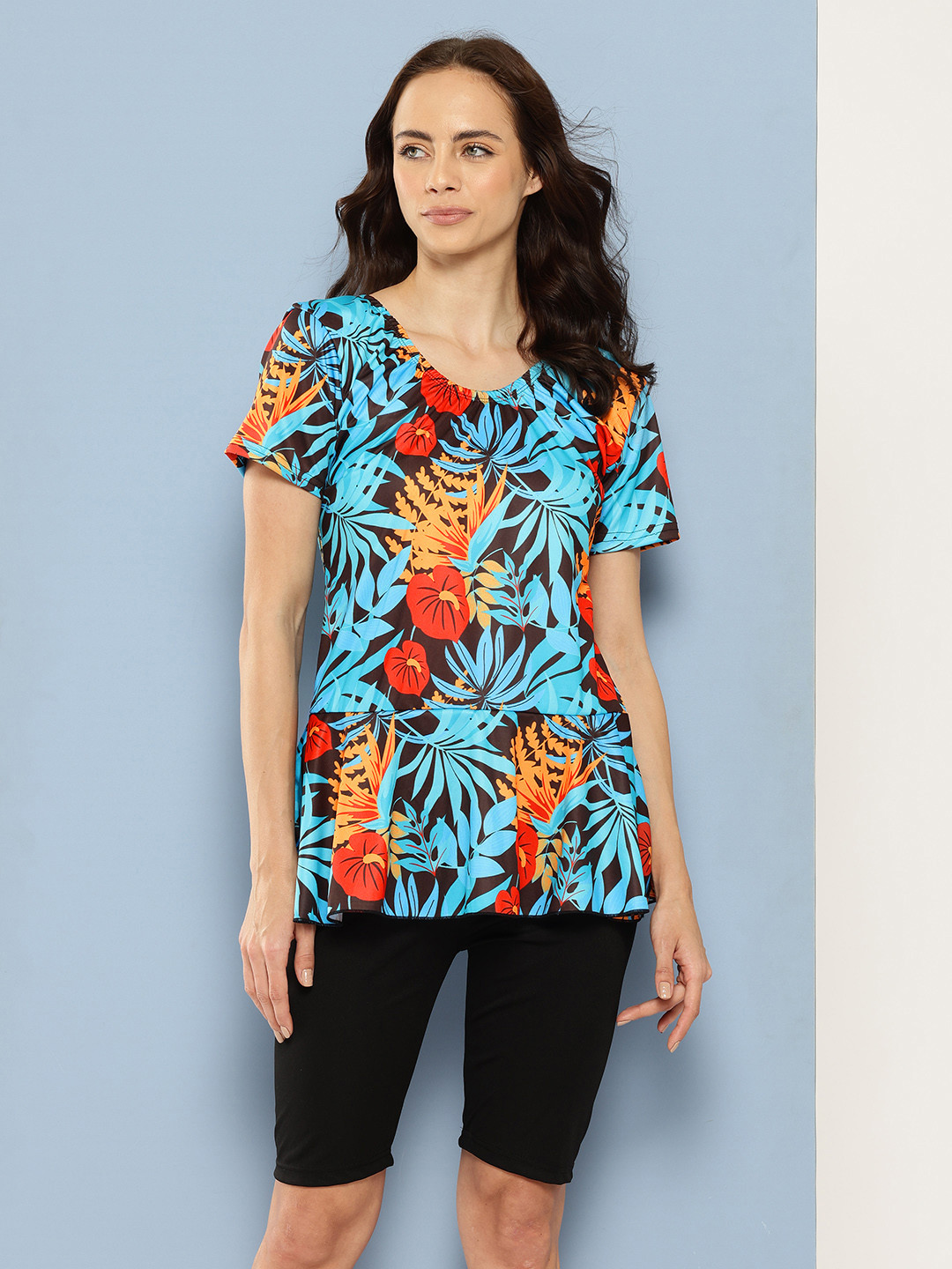 Aarika Tropical Printed Swimming Dress With Swim Cap