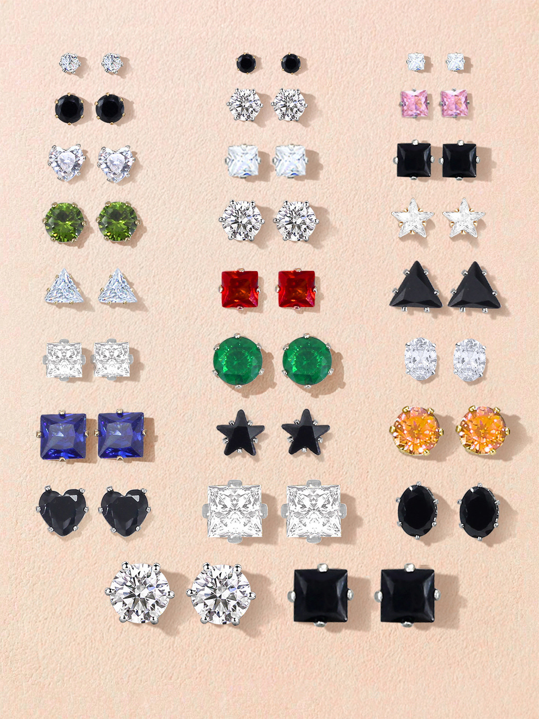 PRIVIU Set of 26 Silver-Toned American Diamond Geometric Shaped Stud Earrings