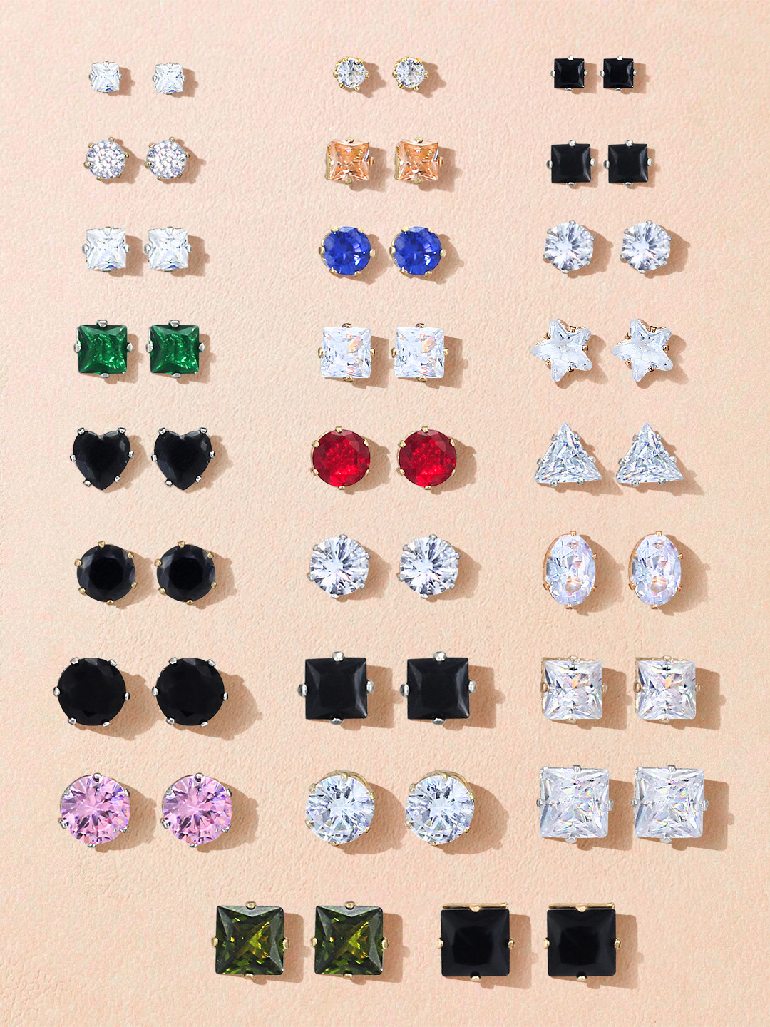 PRIVIU Set of 26 Silver-Toned American Diamond Geometric Shaped Stud Earrings