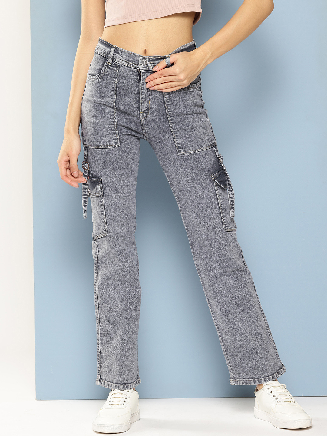 Aarika Women Acid Wash Cargo Jeans