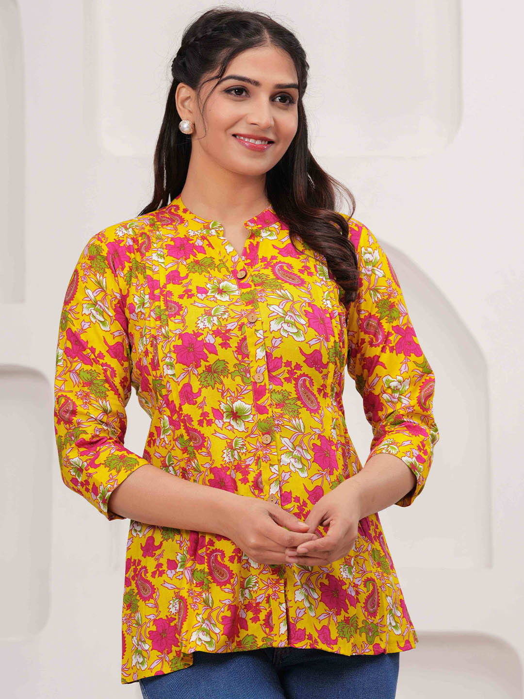 Aktasa Floral Print Mandarin Collar Top