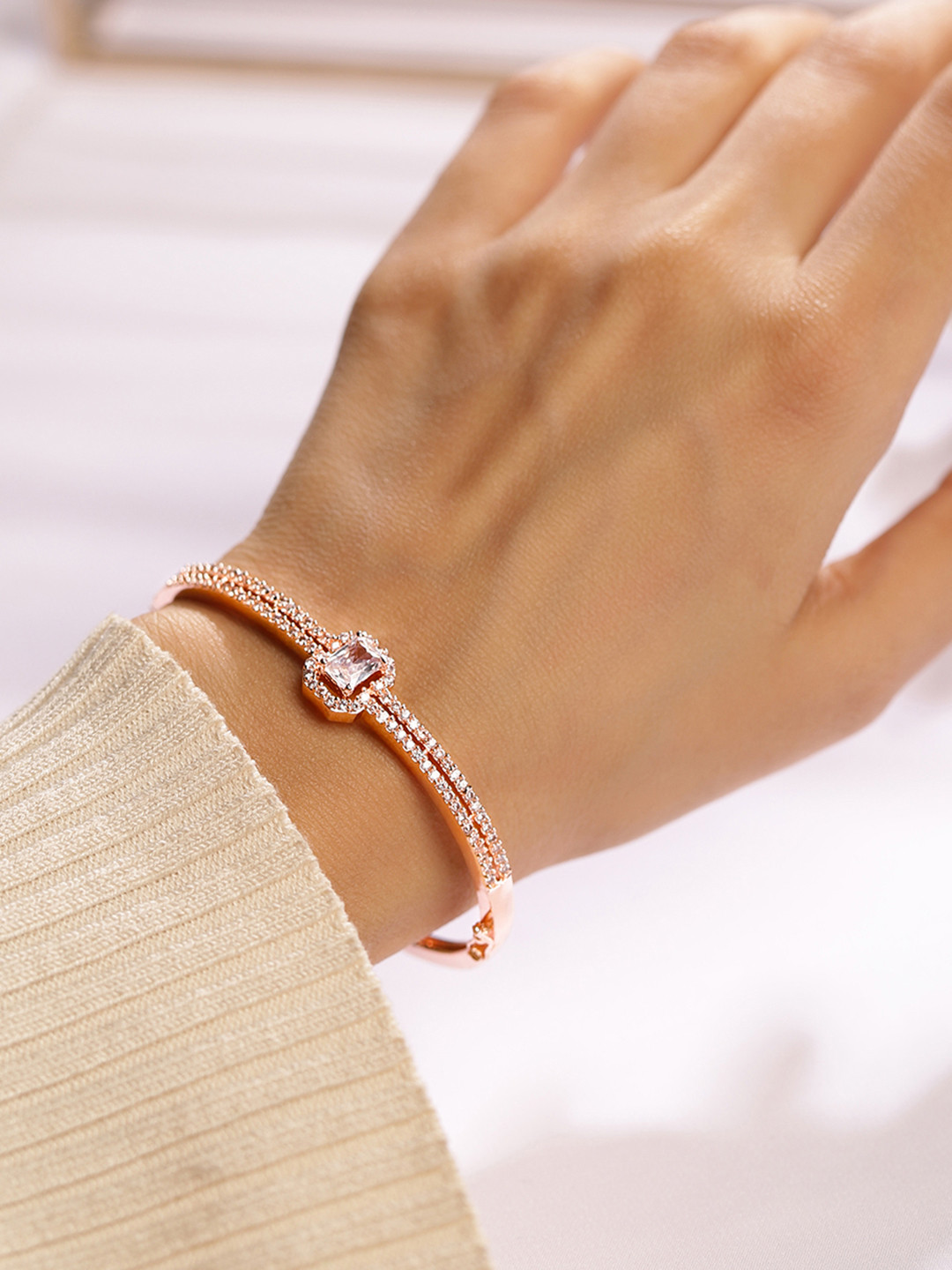 Rubans 18K Rose Gold-Plated Cubic Zirconia Dual Band Openable Bracelet-Statement Jewelry