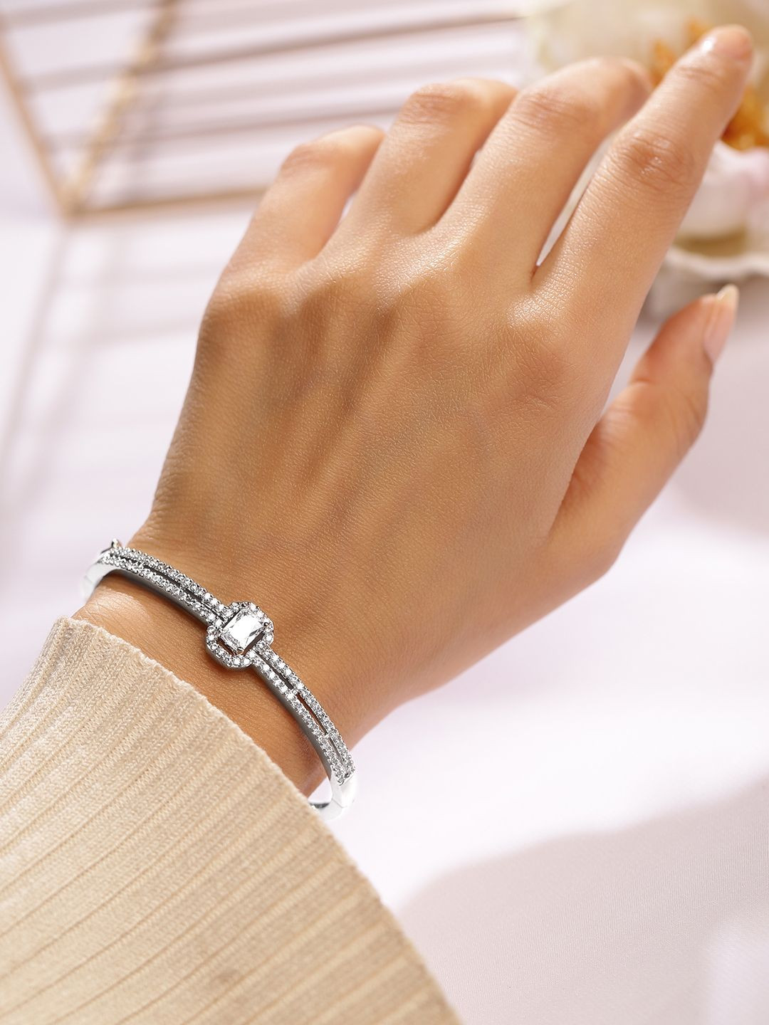 Rubans Rhodium-Plated Cubic Zirconia Dual Band Openable Bracelet-Statement Jewelry