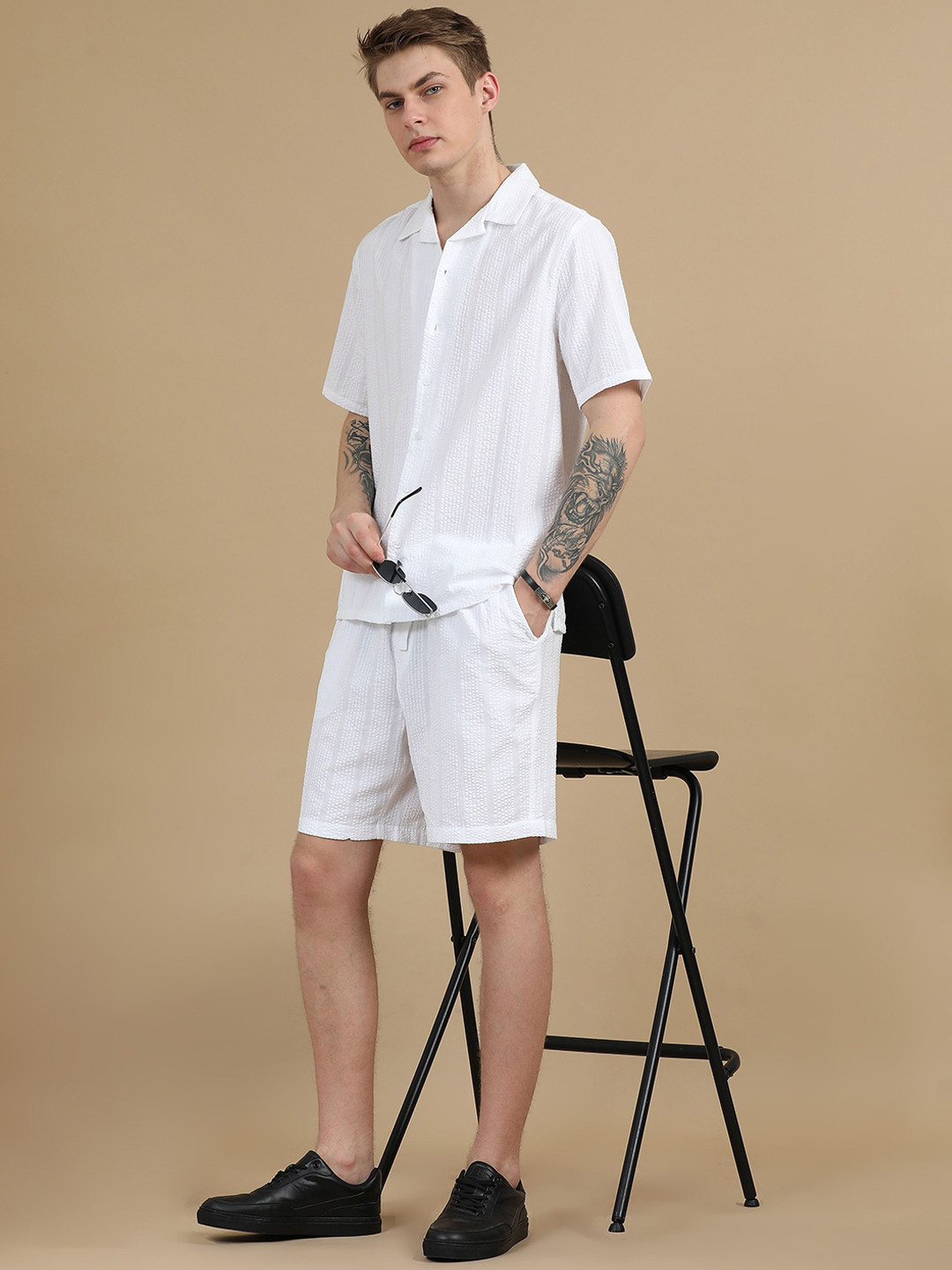 StitchX Men Textured Cotton Seersucker Resort Shirt & Short Co Ord Set