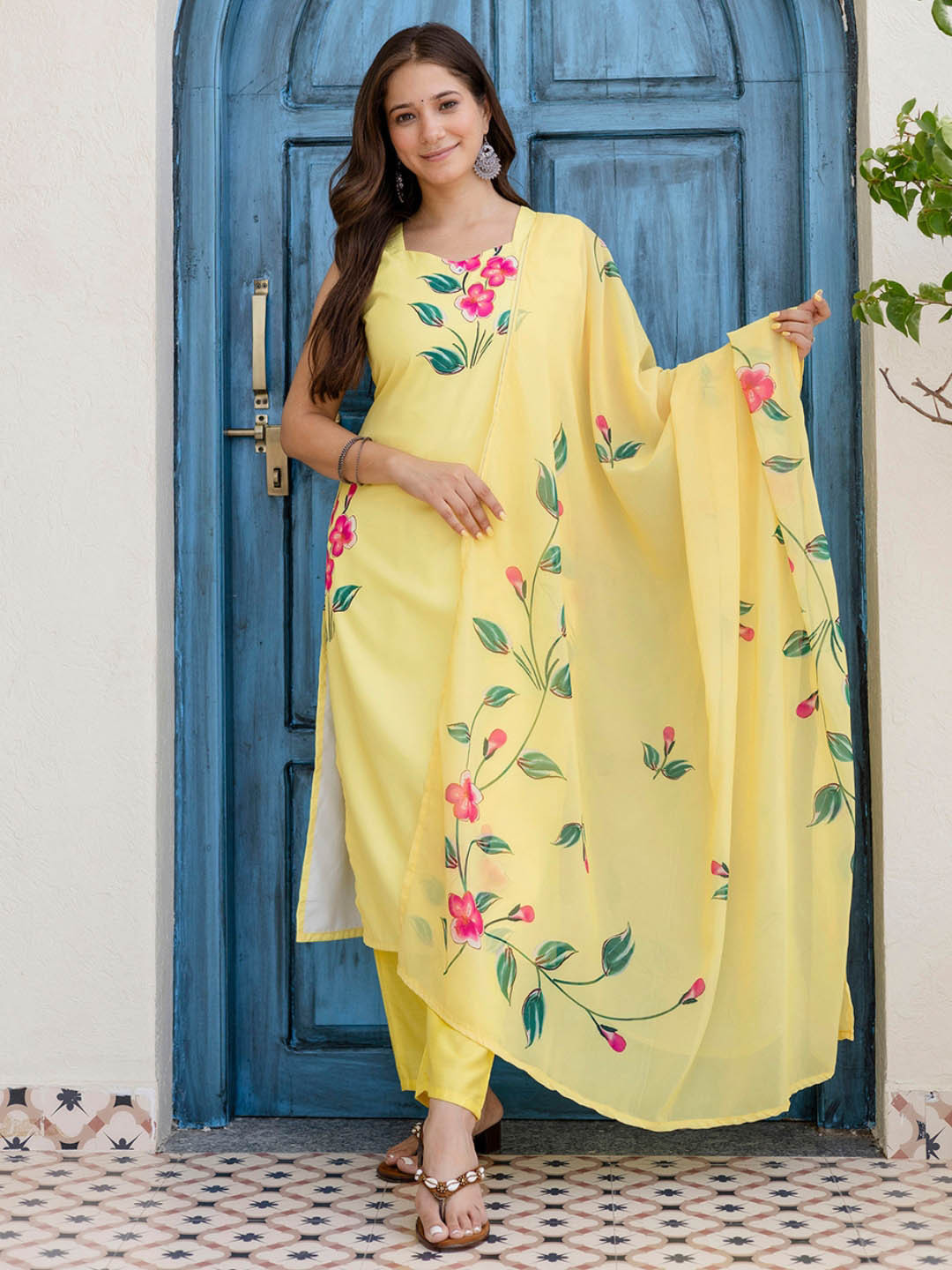 KALINI Women Floral Printed Regular Silk Crepe Kurta with Trousers & With Dupatta