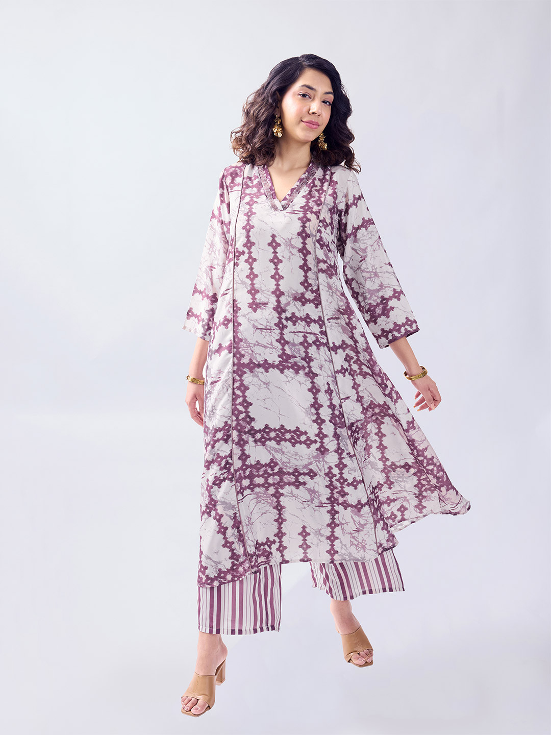 KERI PERRY Women Ajrakh Printed Panelled V-Neck A-Line Kurta With Palazzos Set