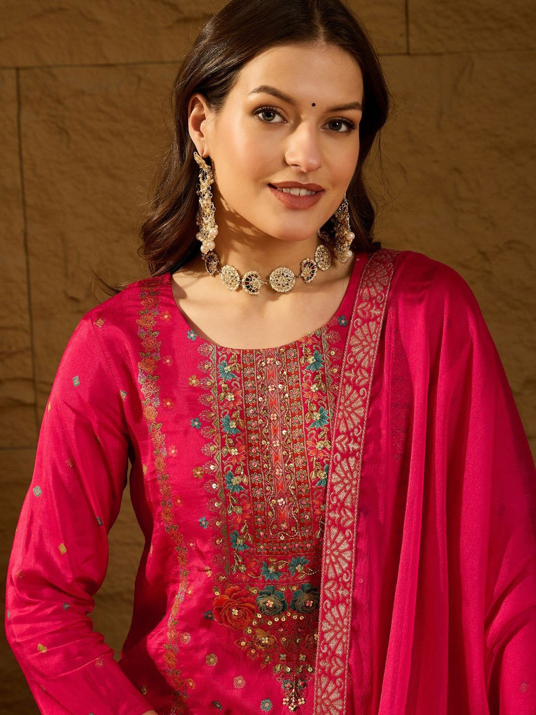 House of Pataudi Floral Woven Design Kurta With Trouser And Dupatta Set