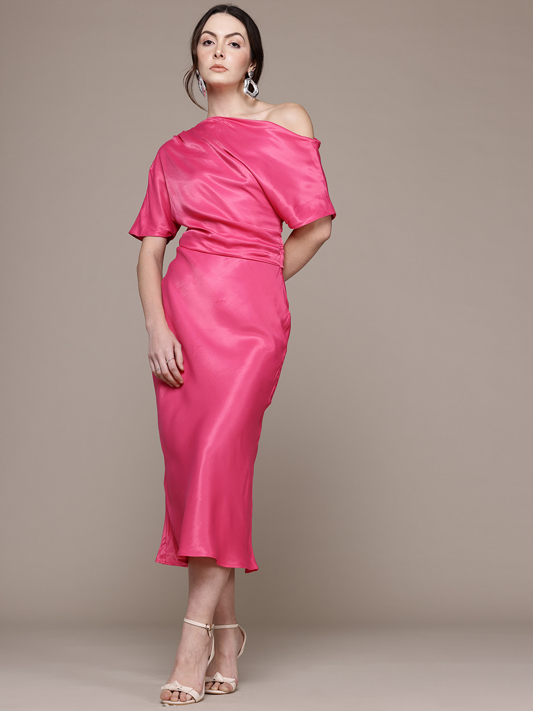 MANGO Draped One-Shoulder Neck Satin Finish Midi Dress