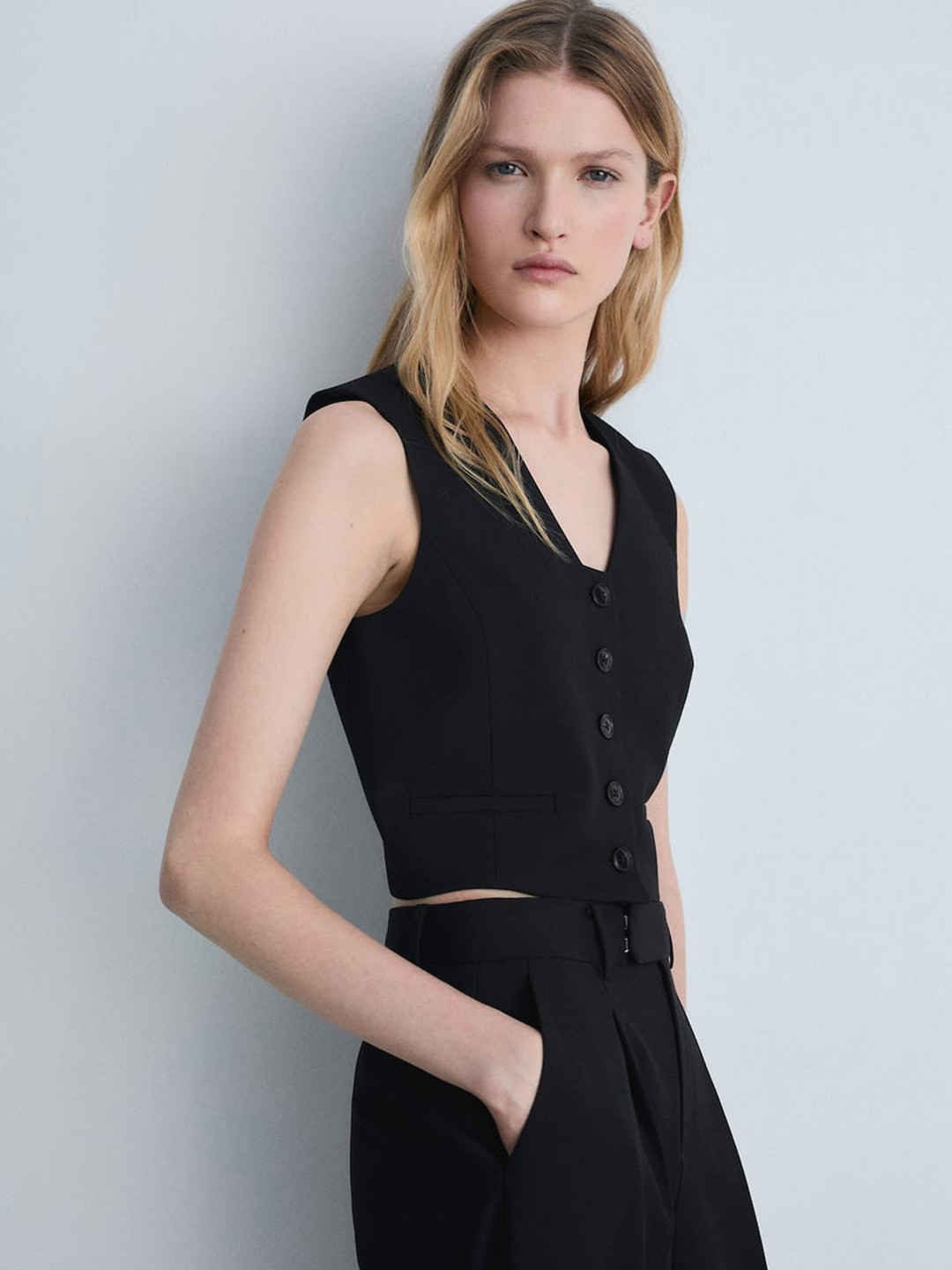 MANGO Twill Cropped Suit Waistcoat with Belt Detail