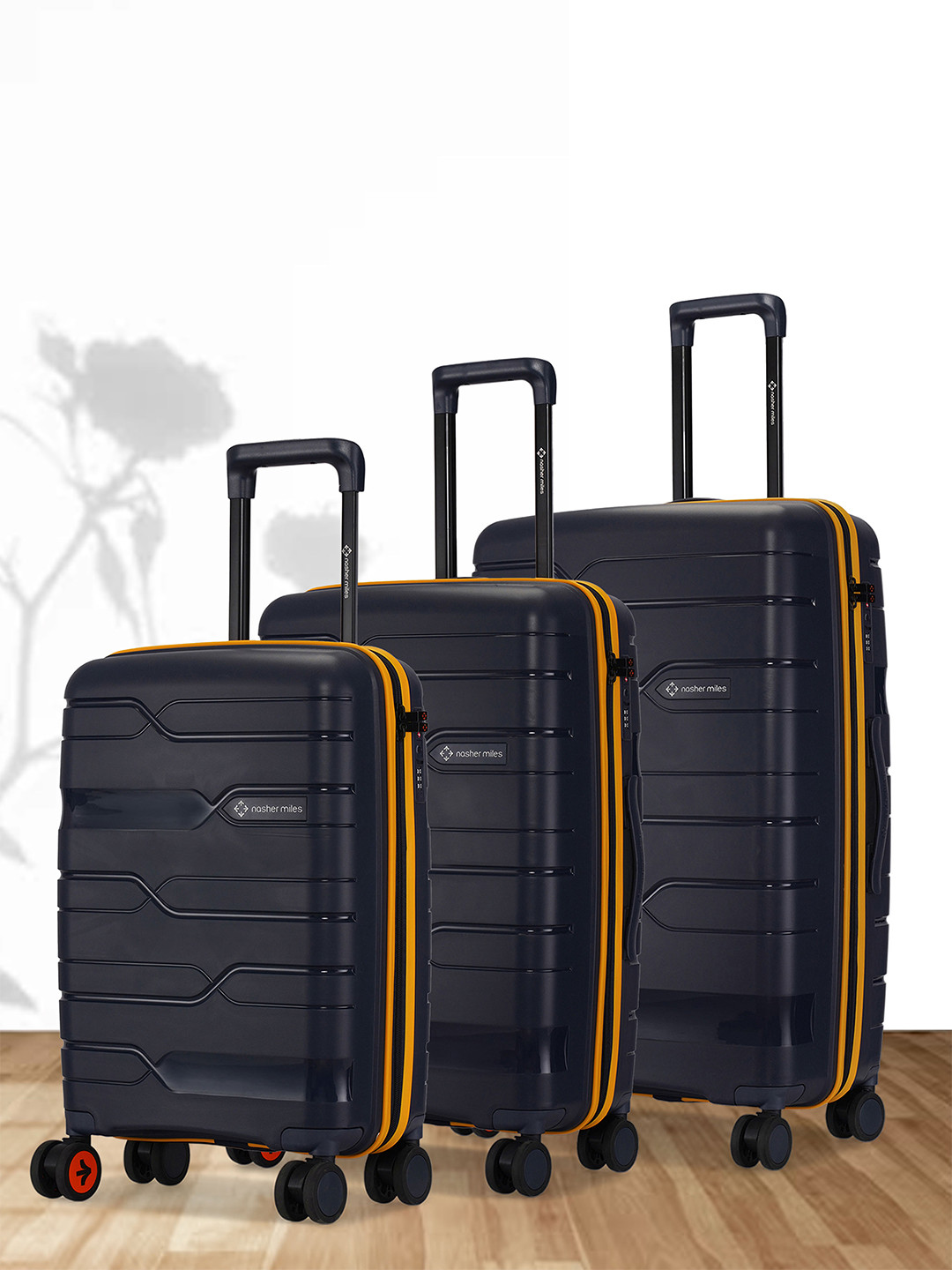 Nasher Miles Cannes Polypropylene Set of 3 Navy Blue Yellow Trolley Bags (S-M-L)